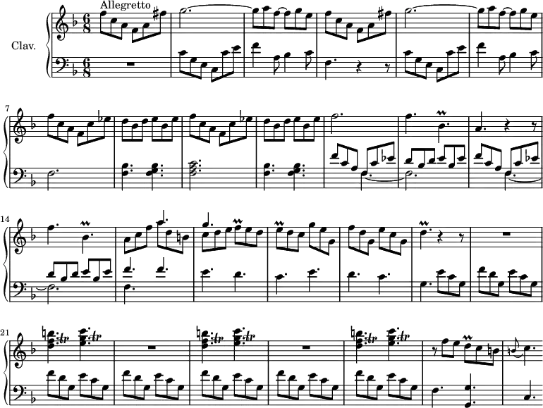 
\version "2.18.2"
\header {
  tagline = ##f
  % composer = "Domenico Scarlatti"
  % opus = "K. 541"
  % meter = "Allegretto"
}

%% les petites notes
trillBespDown     = { \tag #'print { bes,4.\prall } \tag #'midi { c32 bes c bes~ bes4 } }
trillFq           = { \tag #'print { f8\prall } \tag #'midi { \times 2/3 { f32 g f~ } f16  } }
trillEq           = { \tag #'print { e8\prall } \tag #'midi { \times 2/3 { e32 f e~ } e16  } }
trillDpUp         = { \tag #'print { d'4.\prall } \tag #'midi { e32 d e d~ d4  } }
trillDq           = { \tag #'print { d8\prall } \tag #'midi { \times 2/3 { d32 e d~ } d16  } }
trillDFtBp        = { \tag #'print { < d f b >4.-\tweak X-offset #-3 -\tweak extra-offset #'(6.2 . -0.7)\trill } \tag #'midi { << { e32 f e f~ f4 } \\ { < d b' >4. } >> } }
trillEGtCBp       = { \tag #'print { < e g c >4.-\tweak X-offset #-3 -\tweak extra-offset #'(6.2 . -0.4)\trill } \tag #'midi { << { a32 g a g~ g4 } \\ { < e c' >4. } >> } }

upper = \relative c'' {
  \clef treble 
  \key f \major
  \time 6/8
  \tempo 4. = 92
  \set Staff.midiInstrument = #"harpsichord"
  \override TupletBracket.bracket-visibility = ##f

      s8*0^\markup{Allegretto}
      \repeat unfold 2 { f8 c a f a fis' | g2.~ | g8 a f~ f g e } | 
      % ms. 7
      \repeat unfold 2 { f8 c a f c' ees | d bes d e bes e } |
      % ms. 11
      f2. | f4. \trillBespDown | a4. r4 r8 | f'4. \trillBespDown | << { \mergeDifferentlyDottedOn s4. a'4. } \\ { a,8 c f a d, b } >>
      % ms. 16
      << { g'4. } \\ { c,8 d e } >> \trillFq e8 d | \trillEq d8 c g' e g, | f' d g, e' c g | \trillDpUp r4 r8 |
      % ms. 21
      \repeat unfold 3 { R2. | \trillDFtBp  \trillEGtCBp } | 
      % ms. 26
      r8 f8 e \trillDq c8 b | \appoggiatura b8 c4. 

}

lower = \relative c' {
  \clef bass
  \key f \major
  \time 6/8
  \set Staff.midiInstrument = #"harpsichord"
  \override TupletBracket.bracket-visibility = ##f

    % ************************************** \appoggiatura a16  \repeat unfold 2 {  } \times 2/3 { }   \omit TupletNumber 
      R2. | c8 g e c c' e | f4 a,8 bes4 c8 | f,4. r4 r8 | c'8 g e c c' e |
      % ms. 6
       f4 a,8 bes4 c8 | f,2. | < f bes >4. < f g bes > | < f a c >2. | < f bes >4. < f g bes > |
      % ms. 11
      \repeat unfold 2 { << { f'8 c a f c' ees | d bes d e bes e } \\ { \mergeDifferentlyDottedOn s4. f,4.~ | f2. } >> } << { f'4. f } \\ { f,4. } >>
      % ms. 16
      \repeat unfold 2 { e'4. d c } g4. e'8 c g | \repeat unfold 6 { f'8 d g, e' c g } | 
      % ms. 26
      f4. < g, g' > | c4.

}

thePianoStaff = \new PianoStaff <<
    \set PianoStaff.instrumentName = #"Clav."
    \new Staff = "upper" \upper
    \new Staff = "lower" \lower
  >>

\score {
  \keepWithTag #'print \thePianoStaff
  \layout {
      #(layout-set-staff-size 17)
    \context {
      \Score
     \override SpacingSpanner.common-shortest-duration = #(ly:make-moment 1/2)
      \remove "Metronome_mark_engraver"
    }
  }
}

\score {
  \keepWithTag #'midi \thePianoStaff
  \midi { }
}
