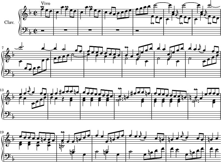 \version "2.18.2"
\header {
tagline = ##f
% composer = "Domenico Scarlatti"
% opus = "K. 205"
% meter = "Vivo"
}
%% les petites notes
trillF = { \tag #'print { f4\prall } \tag #'midi { g32 f g f~ f8 } }
trillFd = { \tag #'print { f4_\prall } \tag #'midi { g32 f g f~ f8 } }
trillBes = { \tag #'print { bes4\prall } \tag #'midi { c32 bes c bes~ bes8 } }
trillC = { \tag #'print { c4\prall } \tag #'midi { d32 c d c~ c8 } }
trillB = { \tag #'print { b4\prall } \tag #'midi { c32 b c b~ b8 } }
trillA = { \tag #'print { a4\prall } \tag #'midi { b32 a b a~ a8 } }
upper = \relative c'' {
\clef treble
\key f \major
\time 2/2
\tempo 2 = 72
\set Staff.midiInstrument = #"harpsichord"
\override TupletBracket.bracket-visibility = ##f
\partial 2
s8*0^\markup{Vivo}
\trillF e8 d | \repeat unfold 2 { c4 a' \trillF e8 d } | c4 bes8 a bes c d e |
% ms. 4
f8 g a bes \repeat unfold 2 { \stemDown c2~ | c4 \stemUp c, } c'2~ | c2. \stemNeutral bes4~ |
% ms. 8
bes4 \stemUp a2 g8 f | f e e d d c c bes | \trillBes a4 \repeat unfold 2 { c8 e g bes | bes4 a } \repeat unfold 2 { \appoggiatura a16 g4 f8 e |
% ms. 13
e4 f } gis8 a a g | g f f e e d d c |
% ms. 16
\trillC b4 fis'8 g g f | f e e d d c c b | \trillB a4 e'8 f f e | e d d c c b b a |
% ms. 20
\trillA g4 \repeat unfold 2 { g8 b d f | f4 e } \repeat unfold 2 { \appoggiatura e16 d4 c8 b | b4 c }
}
lower = \relative c' {
\clef bass
\key f \major
\time 2/2
\set Staff.midiInstrument = #"harpsichord"
\override TupletBracket.bracket-visibility = ##f
% ************************************** \appoggiatura a16 \repeat unfold 2 { } \times 2/3 { } \omit TupletNumber
r2 | R1*3 | r2 \stemDown \change Staff = "upper" \trillFd e8 d | \repeat unfold 2 { c4 a' \appoggiatura g16 \trillFd e8 d } | c4 \stemUp \change Staff = "lower" bes8 a \stemDown bes c \change Staff = "upper" d e |
% ms. 8
f8 g a bes c2_~ | c4 bes a g | << { \repeat unfold 2 { \stemDown f2 \stemUp \shiftOn g2 } \stemDown f } \\ { \repeat unfold 2 { s2 e4 c } } >>
% ms. 12 suite
\repeat unfold 2 { c8 e g bes | bes4 a } r4 < f a >4 | q q q q |
% ms. 16
< f g >2. < e g >4 | q q q q | < e f >2. < d f >4 | q q < c f >4 q |
% ms. 20
< b f' >2 \stemNeutral \change Staff = "lower" \repeat unfold 2 { << { d2 | s2 } \\ { b4 g | c2 } >> } \repeat unfold 2 { g8 b d f | f4 e }
}
thePianoStaff = \new PianoStaff <<
\set PianoStaff.instrumentName = #"Clav."
\new Staff = "upper" \upper
\new Staff = "lower" \lower
>>
\score {
\keepWithTag #'print \thePianoStaff
\layout {
#(layout-set-staff-size 17)
\context {
\Score
\override SpacingSpanner.common-shortest-duration = #(ly:make-moment 1/2)
\remove "Metronome_mark_engraver"
}
}
}
\score {
\keepWithTag #'midi \thePianoStaff
\midi { }
}