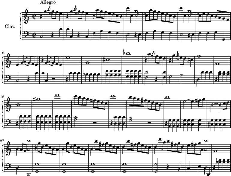 \version "2.18.2"
\header {
tagline = ##f
% composer = "Domenico Scarlatti"
% opus = "K. 309"
% meter = "Allegro"
}
%% les petites notes
trillCb = { \tag #'print { c2\prall~ } \tag #'midi { d32 c d c~ c8~ c4~ } }
trillAb = { \tag #'print { a2\prall } \tag #'midi { b32 a b a~ a8~ a4~ } }
upper = \relative c'' {
\clef treble
\key c \major
\time 2/2
\tempo 2 = 102
\set Staff.midiInstrument = #"harpsichord"
\override TupletBracket.bracket-visibility = ##f
s8*0^\markup{Allegro}
\repeat unfold 2 { r4 g'4 \acciaccatura a8 g8 f e4 } | r8 \repeat unfold 2 { a8 g f e d c b | c'4 c, \trillCb | c8 }
% ms. 7 suite
e8 d c b a g f | e4 g4 \acciaccatura a8 g8 f e4 | r4 g4 \acciaccatura a8 g8 f e4 | e'1 |
% ms. 11
g,1 cis bes' | r4 a4 \acciaccatura g8 f8 e d4 | r4 g4 \acciaccatura f8 e8 d cis4 |
% ms. 16
f1 f, b gis' d' | c8 b a g fis e d c |
% ms. 22
c'1 | b8 a g fis e d c b | b'1 | e,2~ e4 fis8 g | b,2~ b4 c8 d |
% ms. 27
b4 a8 g \trillAb | r4 \repeat unfold 2 { g'8 d e c b a | b4 } \repeat unfold 2 { b'8 fis g e d c | d4 }
% ms. 32 suite
d'8 a b fis g d | e fis g a, | \trillAb | g1
}
lower = \relative c' {
\clef bass
\key c \major
\time 2/2
\set Staff.midiInstrument = #"harpsichord"
\override TupletBracket.bracket-visibility = ##f
% ************************************** \appoggiatura a8 \repeat unfold 2 { } \times 2/3 { } \omit TupletNumber
c,2 r4 c'4 | c c, r4 c4 | \repeat unfold 2 { f a g f | e2 r4 e4 } |
% ms. 7
f4 f g g, | c2 r4 c' | c c, r2 | r4 c' c c |
% ms. 11
bes4 bes bes bes | < a e' > q q q | < g e' > q q q | < f d' >2 r4 q4 | g2 a |
% ms. 16
d,4 d' d d | r4 < b d >4 q q | r4 < f d' > q q | \repeat unfold 8 { < e d' >4 } | < a c >2 r2 |
% ms. 22
r4 < d, c' > q q | < g b >2 r2 | r4 < b, g' >4 q q | < c g' > q q q | < cis g' >4 q q q |
% ms. 27
d2 d, | \repeat unfold 4 { < g g' >1 } |
% ms. 32
< g g' >2 r4 b4 | c e d d, | r4 < bes'' d > q q |
}
thePianoStaff = \new PianoStaff <<
\set PianoStaff.instrumentName = #"Clav."
\new Staff = "upper" \upper
\new Staff = "lower" \lower
>>
\score {
\keepWithTag #'print \thePianoStaff
\layout {
#(layout-set-staff-size 17)
\context {
\Score
\override SpacingSpanner.common-shortest-duration = #(ly:make-moment 1/2)
\remove "Metronome_mark_engraver"
}
}
}
\score {
\keepWithTag #'midi \thePianoStaff
\midi { }
}