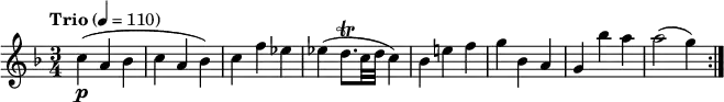 
\relative c' {
  \version "2.18.2"
  \key f \major
  \time 3/4
  \tempo "Trio" 4 = 110
  c'4\p (a bes c a bes)
  c f ees
  ees (d8.\trill c32 d c4)
  bes e! f
  g bes, a
  g bes' a
  a2 (g4)  \bar ":|."
}
