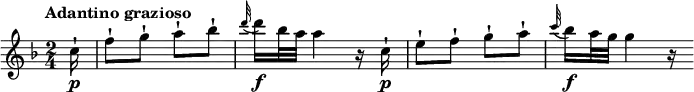 
\relative c' {
  \version "2.18.2"
  \key f \major
  \time 2/4
  \tempo "Adantino grazioso"
  \tempo 4 = 50
  \partial 4 \partial 8 \partial 16 c'16\p-! f8-! g-! a-! bes-!
  \grace d32 (d16)\f bes32 a  a4 r16 c,16-!\p
  e8-! f-! g-! a-!
  \grace c32 (bes16)\f a32 g g4 r16
}
