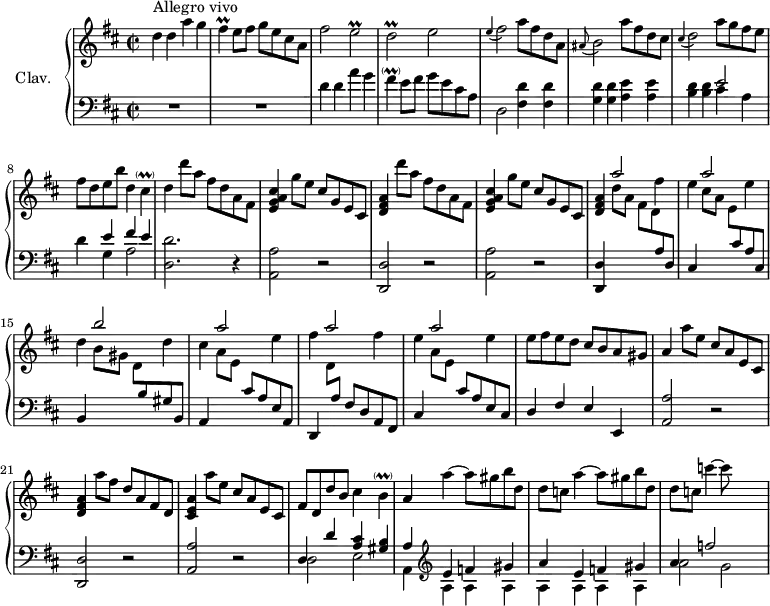 
\version "2.18.2"
\header {
  tagline = ##f
}

%% les petites notes
trillFis     = { \tag #'print { fis4\prall } \tag #'midi { g32 fis g fis~ fis8 } }
% trillFisdUp  = { \tag #'print { fis'2\prall } \tag #'midi { g32 fis g fis~ fis8~ fis4 } }
trillEd      = { \tag #'print { e2\prall } \tag #'midi { fis32 e fis e~ e8~ e4 } }
trillDd      = { \tag #'print { d2\prall } \tag #'midi { e32 d e d~ d8~ d4 } }
trillFAppo   = { \tag #'print { \appoggiatura e4 fis2 } \tag #'midi { e4 fis4 } }
trillDAppo   = { \tag #'print { \appoggiatura cis4 d2 } \tag #'midi { cis4 d4 } }

upper = \relative c'' {
  \clef treble 
  \key d \major
  \time 2/2
  \tempo 2 = 76
  \set Staff.midiInstrument = #"harpsichord"
  \override TupletBracket.bracket-visibility = ##f

      s8*0^\markup{Allegro vivo}
      d4 d a' g | \trillFis e8 fis g e cis a | fis'2 \trillEd | \trillDd e2 | \trillFAppo a8 fis d a |
      % ms. 6
      \appoggiatura ais8 b2 a'8 fis d cis | \trillDAppo a'8 g fis e | fis d e b' | d,4 cis-\parenthesize\prall | d4 \repeat unfold 2 { d'8 a fis d a fis | < e g a cis >4 g'8 e cis g e cis |
      % ms. 13
      < d fis a >4 } \stemUp a''2 \stemDown  fis4 | e \stemUp a2 \stemDown e4 d | \stemUp b'2 \stemDown d,4 |
      % ms. 16
      cis4 \stemUp a'2 \stemDown e4 | fis \stemUp a2 \stemDown fis4 | e \stemUp a2 \stemDown e4 | \stemNeutral e8 fis e d cis b a gis | a4 a'8 e cis a e cis |
      % ms. 21
      < d fis a >4 a''8 fis d a fis d | < cis e a >4 a''8 e cis a e cis | fis d d' b cis4 b4-\parenthesize\prall | \stemNeutral a4 \repeat unfold 2 { a'4~ a8 gis b d, | d c }
      % ms. 26 suite
      c'4~ c8 

}

lower = \relative c' {
  \clef bass
  \key d \major
  \time 2/2
  \set Staff.midiInstrument = #"harpsichord"

    % **************************************
      R1*2 | d4 d a' g | fis-\parenthesize\prall e8 fis g e cis a | d,2 < fis d' >4 q |
      % ms. 6
      < g d' >4 q < a e' > q | < b d > q << { e2 s4 e4 fis e } \\ { cis4 a | d g, a2  } >> < d, d' >2. r4 | < a a' >2 r2 |
      % ms. 11
      < d, d' >2 r2 | < a' a' >2 r2 |
      % ms. 13
      < d, d' >4  \stemDown \change Staff = "upper" d'''8 a fis d  \stemUp \change Staff = "lower" a8 d, |
      cis4 \stemDown \change Staff = "upper" cis''8 a e \stemUp \change Staff = "lower" cis8 a cis, |
      b4 \stemDown \change Staff = "upper"  b''8 gis d \stemUp \change Staff = "lower" b8 gis b, |
      % ms. 16
      a4 \stemDown \change Staff = "upper" a''8 e \stemUp \change Staff = "lower" cis8 a e a, |
      d,4  \stemDown \change Staff = "upper" d''8 \stemUp \change Staff = "lower" a fis d a fis |
      cis'4 \stemDown \change Staff = "upper" a''8 e \stemUp \change Staff = "lower" cis8 a e cis |
      d4 fis e e, | < a a' >2 r2
      % ms. 21
      < d, d' >2 r2 | < a' a' >2 r2 | << { d4 d' < a cis > < gis b > | a4  \clef treble \repeat unfold 2 { e'4 f gis | a } f'2 } \\ { d,,2 e | a,4 \repeat unfold 7 { a' } a'2 g } >>
      % ms. 26
      

}

thePianoStaff = \new PianoStaff <<
    \set PianoStaff.instrumentName = #"Clav."
    \new Staff = "upper" \upper
    \new Staff = "lower" \lower
  >>

\score {
  \keepWithTag #'print \thePianoStaff
  \layout {
      #(layout-set-staff-size 17)
    \context {
      \Score
     \override SpacingSpanner.common-shortest-duration = #(ly:make-moment 1/2)
      \remove "Metronome_mark_engraver"
    }
  }
}

\score {
  \keepWithTag #'midi \thePianoStaff
  \midi { }
}
