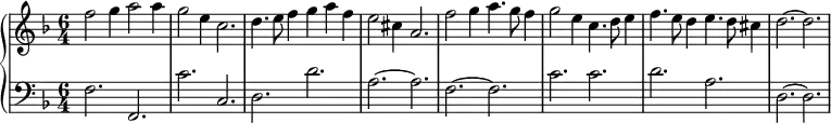 \version "2.18.2"
\new PianoStaff <<
\new Staff {
\key d \minor \time 6/4
f''2 g''4 a''2 a''4 g''2 e''4 c''2.
d''4. e''8 f''4 g''4 a'' f'' e''2 cis''4 a'2.
f''2 g''4 a''4. g''8 f''4 g''2 e''4
c''4. d''8 e''4 f''4. e''8 d''4
e''4. d''8 cis''4 d''2. ~ d''
}
\new Staff {
\clef bass \key d \minor \time 6/4
f2. f, \noBreak c' c \noBreak d d' \noBreak a ~ a
\noBreak f ~ f \noBreak c' c' \noBreak d' a \noBreak d ~ d
}
>>