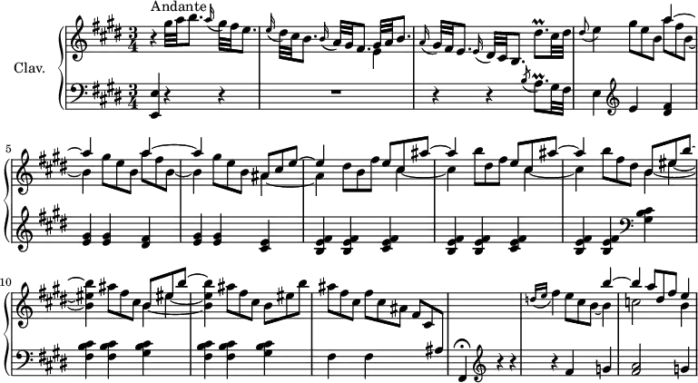 \version "2.18.2"
\header {
tagline = ##f
% composer = "Domenico Scarlatti"
% opus = "K. 215"
% meter = "Andante"
}
%% les petites notes
trillDisqpUp = { \tag #'print { dis'8.\prall } \tag #'midi { e32 dis e dis e dis e dis } }
trillAqpAppoUp = { \tag #'print { \acciaccatura b''8 a8.\prall } \tag #'midi { b32 a b a b a b a } }
appoE = { \tag #'print { \appoggiatura dis8 e4 } \tag #'midi { dis8 \tempo 4 = 40 e8 \tempo 4 = 78 } }
upper = \relative c'' {
\clef treble
\key e \major
\time 3/4
\tempo 4 = 78
\set Staff.midiInstrument = #"harpsichord"
\override TupletBracket.bracket-visibility = ##f
s8*0^\markup{Andante}
r4 gis'32 a b8. \appoggiatura a16 gis32 fis e8. | \appoggiatura e16 dis32 cis b8. \appoggiatura b16 a32 gis fis8. << { gis32 a b8. } \\ { e,4 } >> | \appoggiatura a16 gis32 fis e8. \appoggiatura e16 dis32 cis b8. \trillDisqpUp cis32 dis |
% ms. 4
\appoE \repeat unfold 2 { \omit TupletNumber \times 2/3 { gis8 e b } << { a'4~ | a } \\ { \omit TupletNumber \times 2/3 { a8 fis b,~ } | b4 } >> } \omit TupletNumber \times 2/3 { gis'8 e b } << { \omit TupletNumber \times 2/3 { ais8 cis e~ } | e4 } \\ { ais,4~ | ais } >> \times 2/3 { dis8 b fis' }
% ms. 7 fin à 9
<< { \omit TupletNumber \times 2/3 { e8 cis ais'~ } | ais4 s4 \times 2/3 { e8 cis ais'~ } | ais4 s4 }
\\ { \omit TupletNumber \times 2/3 { s8 cis,4~ } | cis \times 2/3 { b'8 dis, fis } \times 2/3 { s8 cis4~ } | cis \times 2/3 { b'8 fis dis }
} >>
% ms. 9 fin — \set tieWaitForNote = ##t
\repeat unfold 2 { << { \set tieWaitForNote = ##t b8*2/3_~ eis_~ b'~ \stemDown < b, eis b' >4 }
\\ { b4*2/6 eis s s4 } >> \times 2/3 { ais8 fis cis } } %repet Merci à Pierre pour l'astuce.
% ms. 10 suite
\omit TupletNumber
\times 2/3 { b eis b' } |
% ms. 12
\omit TupletNumber \times 2/3 { ais8 fis cis } \times 2/3 { fis8 cis ais } \times 2/3 { fis8 cis \change Staff = "lower" ais } s2. \change Staff = "upper"
% ms. 14
\grace { \tempo 4 = 60 d'16( e } \tempo 4 = 78 fis4) << { s4 b4~ | b \omit TupletNumber \times 2/3 { a8 dis, fis } e4 } \\ { \omit TupletNumber \times 2/3 { e8 cis b~ } b4 | c2 b4 } >>
}
lower = \relative c' {
\clef bass
\key e \major
\time 3/4
\set Staff.midiInstrument = #"harpsichord"
\override TupletBracket.bracket-visibility = ##f
% ************************************** \appoggiatura \repeat unfold 2 { } \times 2/3 { }
< e,, e' >4 r4 r4 | R2. | r4 r4 \trillAqpAppoUp gis32 fis |
% ms. 4
e4 \clef treble e' < dis fis >4 | < e gis > q < dis fis > | < e gis > q < cis e > | \repeat unfold 2 { < b e fis > q < cis e fis > }
% ms. 9
< b e fis > q \clef bass < gis b cis >4 \repeat unfold 2 { < fis b cis >4 q < gis b cis > }
% ms. 12
fis4 fis s4 | fis,4\fermata \clef treble r4 r4 | r4 fis''4 g | < fis a >2 g4
% ms. 16
}
thePianoStaff = \new PianoStaff <<
\set PianoStaff.instrumentName = #"Clav."
\new Staff = "upper" \upper
\new Staff = "lower" \lower
>>
\score {
\keepWithTag #'print \thePianoStaff
\layout {
#(layout-set-staff-size 17)
\context {
\Score
\override SpacingSpanner.common-shortest-duration = #(ly:make-moment 1/2)
\remove "Metronome_mark_engraver"
}
}
}
\score {
\keepWithTag #'midi \thePianoStaff
\midi { }
}