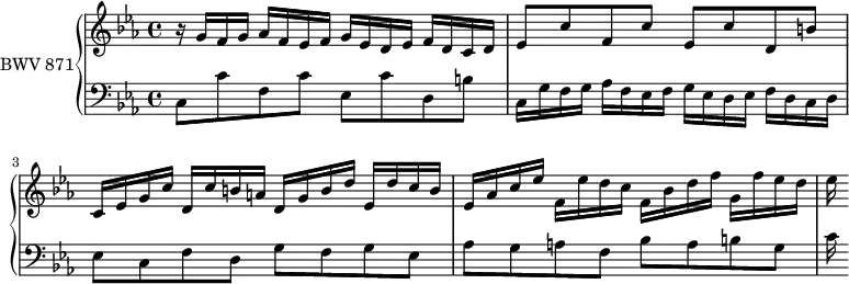 
\version "2.18.2"
\header {
  tagline = ##f
}

upper = \relative c'' {
  \clef treble 
  \key c \minor
  \time 4/4
  \tempo 4 = 84
  \set Staff.midiInstrument = #"harpsichord" 

   %% PRÉLUDE CBT II-2, BWV 871, ut mineur
   r16 g f g aes f ees f g ees d ees f d c d | ees8 c' f, c' ees, c' d, b' | 
   c,16 ees g c d, c' b a d, g b d ees, d' c b | ees, aes c ees f, ees' d c f, bes d f g, f' ees d ees
   
}

lower = \relative c {
  \clef bass 
  \key c \minor
  \time 4/4
  \set Staff.midiInstrument = #"harpsichord" 
    
   c8 c' f, c' ees, c' d, b'! | c,16 g' f g aes f ees f g ees d ees f d c d ees8 c f d g f g ees aes g a f bes a b g | c16
    
} 

\score {
  \new PianoStaff <<
    \set PianoStaff.instrumentName = #"BWV 871"
    \new Staff = "upper" \upper
    \new Staff = "lower" \lower
  >>
  \layout {
    \context {
      \Score
      \remove "Metronome_mark_engraver"
    }
  }
  \midi { }
}
