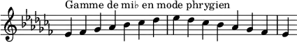 {
\override Score.TimeSignature #'stencil = ##f
\relative c' {
\key es \phrygian
\clef treble \time 7/4
es4^\markup { Gamme de mi♭ en mode phrygien } fes ges aes bes ces des es des ces bes aes ges fes es
} }