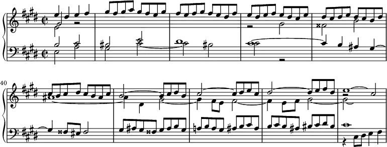 
\version "2.18.2"
\header {
  tagline = ##f
}
upper = \relative c'' {
  \clef treble 
  \key cis \minor
  \time 2/2
  \tempo 2 = 63
  \set Score.currentBarNumber = #35

    << { e4 dis e fis gis8 fis gis a gis fis e gis fis e fis gis fis e dis fis } \\ { e,2 } \\ { gis2 g2\rest } >>
    << { e'8 dis e fis e dis cis e dis cis dis e dis cis b dis cis b cis dis cis b ais cis } \\ { r2 gis2 fisis b ais1~ } >>
    << { b2~ b8 cis dis b cis2~ cis8 dis e cis dis2~ dis8 e fis dis e1*1/2~ \hideNotes e4 } \\ { ais,4 dis, gis2~ gis4 fis8 e fis2~ fis4 e8 fis gis2~ gis2*1/3~ \hideNotes gis1*1/4 } \\ { s1*3 b2\rest cis2 }  >>
    

}

lower = \relative c' {
  \clef bass
  \key cis \minor
  \time 2/2

    << { b2 cis bis2 e dis1 cis~ cis4 b ais gis~ gis fisis8 eis fisis2 } \\ { e2 a gis cis~ cis bis cis r2 } >>
    << { gis8 ais gis fisis gis ais b gis | a! b a gis  ais b cis ais | b cis b ais  bis cis dis bis } \\ {} >>
    << { cis1 } \\ { r4 cis,8 dis e4 fis } >>

}

\score {
  \new PianoStaff <<
    \new Staff = "upper" \upper
    \new Staff = "lower" \lower
  >>
  \layout {
    indent = #0
    \context {
      \Score
      \remove "Metronome_mark_engraver"
      \override SpacingSpanner.common-shortest-duration = #(ly:make-moment 1/2)
        }
  }
  \midi { }
}
