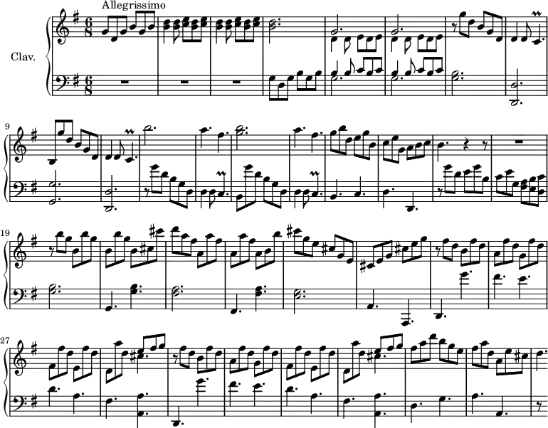 \version "2.18.2"
\header {
tagline = ##f
% composer = "Domenico Scarlatti"
% opus = "K. 477"
% meter = "Allegrissimo"
}
%% les petites notes
trillCp = { \tag #'print { c4.\prall } \tag #'midi { d16 c d c~ c8 } }
upper = \relative c'' {
\clef treble
\key g \major
\time 6/8
\tempo 4. = 108
\set Staff.midiInstrument = #"harpsichord"
\override TupletBracket.bracket-visibility = ##f
s8*0^\markup{Allegrissimo}
g8 d g b g b | \repeat unfold 2 { < b d >4 q8 < c e > < b d > < c e > } | < b d >2.
% ms. 5
\repeat unfold 2 { << { g2. } \\ { d4 d8 e d e } >> } | r8 g'8 d b g d | d4 d8 \trillCp | b8 g'' d b g d |
% ms. 10
d4 d8 \trillCp | b''2. | a4. fis | < g b >2. | a4. fis |
% ms. 15
g8 b d, e g b, | c e g, a b c | b4. r4 r8 | R2. | r8 b'8 g \repeat unfold 2 { b, b' g } |
% ms. 20 suite
b, cis cis' | d a fis \repeat unfold 2 { a, a' fis } a, b b' | cis g e cis g e | cis e g cis e g |
% ms. 25
\repeat unfold 2 { r8 fis d b fis' d | a fis' d g, fis' d | fis, fis' d e, fis' d | d, a'' d, << { e8 fis g } \\ { cis,4. } >> } |
% ms. 33
fis8 a d b g e | fis a d, a e' cis | d4.*1/2
}
lower = \relative c' {
\clef bass
\key g \major
\time 6/8
\set Staff.midiInstrument = #"harpsichord"
\override TupletBracket.bracket-visibility = ##f
% ************************************** \appoggiatura a16 \repeat unfold 2 { } \times 2/3 { } \omit TupletNumber
R2.*3 | g8 d g b g b |
% ms. 5
\repeat unfold 2 { << { b4 b8 c b c } \\ { g2. } >> } | < g b >2. | < d, d' > | < g g' >
% ms. 10
< d d' > | r8 g''8 d b g d | d4 d8 \trillCp | b8 g'' d b g d | d4 d8 \trillCp |
% ms. 15
b4. c | d d, | r8 g'' d e g b, | c e g, < fis a >8 < e b' > < d c' > | < g b >2.
% ms. 20
g,4. < g' b > | < fis a >2. | fis,4. < fis' a > | < e g >2. | a,4. a,
% ms. 25
\repeat unfold 2 { d4. g'' | fis e | d a | fis < a, a' > }
% ms. 33
d4. g a a, | r8 s16
}
thePianoStaff = \new PianoStaff <<
\set PianoStaff.instrumentName = #"Clav."
\new Staff = "upper" \upper
\new Staff = "lower" \lower
>>
\score {
\keepWithTag #'print \thePianoStaff
\layout {
#(layout-set-staff-size 17)
\context {
\Score
\override SpacingSpanner.common-shortest-duration = #(ly:make-moment 1/2)
\remove "Metronome_mark_engraver"
}
}
}
\score {
\keepWithTag #'midi \thePianoStaff
\midi { }
}