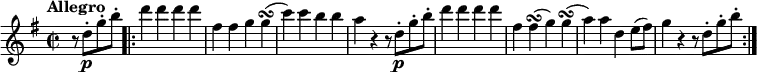 \relative c'' {
\version "2.18.2"
\key g \major
\tempo "Allegro"
\time 2/2
\tempo 4 = 190
\partial 2 r8 d-.\p g-. b-. \bar ".|:"
d4 d d d
fis, fis g g \turn
(c) c b b
a r r8 d,-.\p g-. b-.
d4 d d d
fis, fis \turn (g) g \turn
(a) a d, e8 (fis)
g4 r4 r8 d-. g-. b-. \bar ":|."
}
