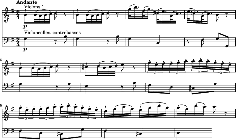 
<<
  \new Staff 
     \relative c'' { 
         \version "2.18.2"
         \clef "treble" 
         \tempo "Andante" 
         \key g \major
         \time 2/4
              b8-!\p ^\markup{Violons 1} b32 (a b c) d8 r8
               b8-! b32 (a b c) d8 r8
               g32 (b16.) fis32 (g16.) dis32 (e16.) a,32 (c16.)
               e32 (d!16.) a32 (c16.) b8 r8
                b8-! b32 (a b c) d8 r8
               cis8-! d32 (b cis d) e8 r8
               \tuplet 3/2 {g16-. e-. fis-.} \tuplet 3/2 {fis16-. g-. a-.} \tuplet 3/2 {a16-. b-. a-.}  \tuplet 3/2 {g16-. fis-. e-.}
               \tuplet 3/2 {g16-. e-. fis-.} \tuplet 3/2 {fis16-. g-. a-.} \tuplet 3/2 {a16-. b-. a-.}  \tuplet 3/2 {g16-. fis-. e-.}
               d16-! fis (a fis) e-! (g b g)
               g (fis) b (a) a8 r8
}
\new Staff
\relative c'' {
         \clef "bass" 
         \tempo "Andante" 
         \key g \major
         \time 2/4
          g,4\p^\markup{Violoncelles, contrebasses}  r8 b8
          g4 r8 b8
          g4 c,
          r8 fis8 g g,
          g'4 r8 g8
          e4 r8 a8
          fis d cis g'
          fis d cis g'
          fis4 cis
          d        
 }
>>
