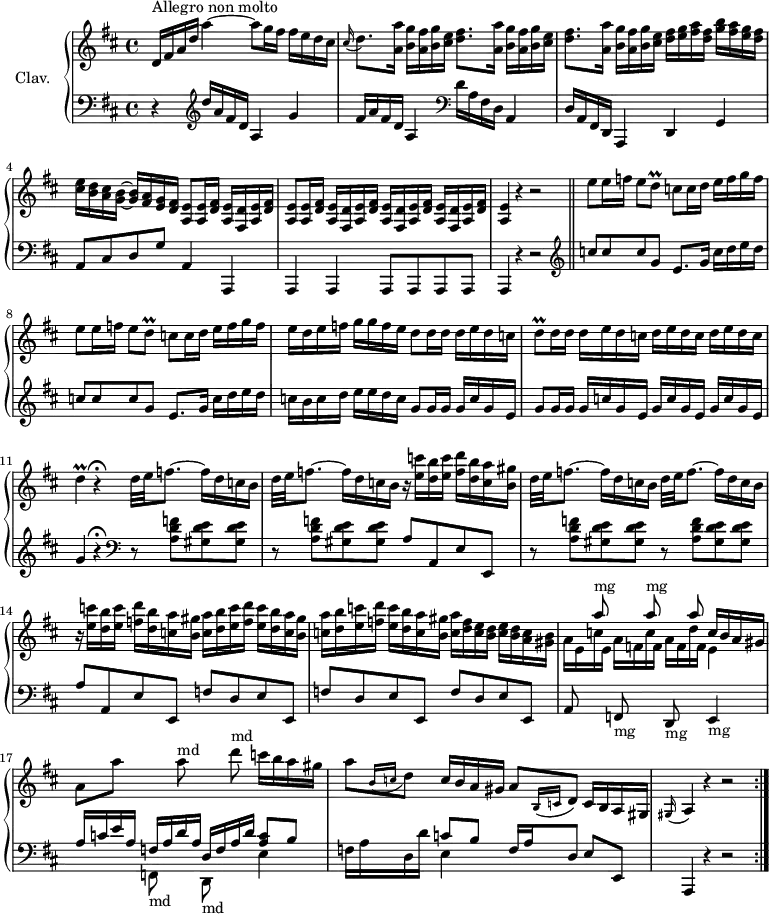 
\version "2.18.2"
\header {
  tagline = ##f
  % composer = "Domenico Scarlatti"
  % opus = "K. 140"
  % meter = "Allegro"
}

%% les petites notes
trillDq     = { \tag #'print { d8\prall } \tag #'midi { e32 d e d } }
trillD      = { \tag #'print { d4\prall } \tag #'midi { e32 d e d~ d8 } }
appoA       = { \tag #'print { \appoggiatura gis16 a4 } \tag #'midi {   \tempo 4 = 70 gis8 a8   \tempo 4 = 92 } }

upper = \relative c'' {
  \clef treble 
  \key d \major
  \time 4/4
  \tempo 4 = 92
  \set Staff.midiInstrument = #"harpsichord"
  \override TupletBracket.bracket-visibility = ##f

\repeat volta 2 {
      s8*0^\markup{Allegro non molto}
      d,16 fis a d  a'4~ a8 g16 fis  fis e d cis | \appoggiatura cis16 d8. \repeat unfold 2 { < a a' >16 < b g' > < a fis' > < b g' > < cis e > < d fis >8. } < a a' >16 < b g' > < a fis' > < b g' > < cis e > < d fis > < e g > < fis a > < d fis > < g b > < fis a > < e g > < d fis >
      % ms. 4
      < cis e > < b d > < a cis > < g b >~ q < fis a > < e g > < d fis >  < a e' >8 q16 < d fis >16 < a e' > < fis d' > < a e' > < d fis >   |   < a e' >8 q16 < d fis >16 \repeat unfold 3 { < a e' >16 < fis d' > < a e' > < d fis > }   |   < a e' >4 r4 r2 | | \repeat unfold 2 { e''8 e16 f e8 \trillDq c8 c16 d e f g f } | e16 d e f g g f e d8 d16 d d e d c |
      % ms. 10
      \trillDq d16 d \repeat unfold 3 { d e d c }
      % ms. 11
      \trillD r4\fermata  \repeat unfold 2 { \repeat unfold 2 { d32 e f8.~ f16 d c b } r16 < e c' >16 < d b' > < e c' > < f d' > < d b' > < c a' > < b gis' > } 
      % ms. 14 suite
      \repeat unfold 2 { < c a' >16 < d b' > < e c' >  < f d' > < e c' > < d b' > < c a' > < b gis' > } < c a' > < d f > < c e > < b d > < c e > < b d > < a c > < gis b > |

      % ms. 16
      \stemDown a16 e c' e, a f c' f, a f d' f, << { c'16 b a gis } \\ { e4 } >> |
      % ms. 17
      \autoBeamOff a8[ a']    \stemDown \change Staff = "lower" f,,,8_\markup{md}  \change Staff = "upper" a'''8^\markup{md} \change Staff = "lower" d,,,,8_\markup{md}  \change Staff = "upper" d''''8^\markup{md} \stemNeutral \autoBeamOn c16 b a gis |
      % ms. 18
      a8[ \grace {   \tempo 4 = 70 b,16( c }   \tempo 4 = 92 d8)] c16 b a gis a8[ \grace {   \tempo 4 = 70 b,16( c }   \tempo 4 = 92 d8)] c16 b a gis \appoA r4 r2 

}%reprise
}

lower = \relative c' {
  \clef bass
  \key d \major
  \time 4/4
  \set Staff.midiInstrument = #"harpsichord"
  \override TupletBracket.bracket-visibility = ##f

\repeat volta 2 {
    % **************************************
      r4   \clef treble  d'16 a fis d a4 g' | fis16 a fis d a4   \clef bass  d16 a fis d a4 | d16 a fis d a4 d g |
      % ms. 4
      a8 cis d g a,4 a, | a a a8 a a a | a4 r4 r2 | \bar "||" \clef treble \repeat unfold 2 { c'''8 c c g e8. g16 c16 d e d } |
      % ms. 9
      % e16 d e f g g f e  d8 d16 d d e d c | 
      c16 b c d e e d c \repeat unfold 2 { g8 g16 g g c g e } | \repeat unfold 2 { g c g e } |
      % ms. 11 début
      g4 r4\fermata     \clef bass  \repeat unfold 2 { \repeat unfold 2 { r8 < a, d f >8 < gis d' e > q } a8 a, e' e, } |
      % ms. 14 suite
      \repeat unfold 3 { f'8 d e e, } | \autoBeamOff \stemUp a8   \change Staff = "upper"    a'''8^\markup{mg} \change Staff = "lower" f,,,-\markup{mg}  \change Staff = "upper"    a'''8^\markup{mg}   \change Staff = "lower"   d,,,,8-\markup{mg}   \change Staff = "upper"    a''''8   \change Staff = "lower"   e,,,4-\markup{mg} | \autoBeamOn
      % m. 17
      a'16 c e a, f a d a d, f a d << { < a c >8 b | s4 | c8 b } \\ { e,4 | f16 a d, d' e,4 } >> f16 a d,8 e e, a,4 r4 r2
} % reprise

}

thePianoStaff = \new PianoStaff <<
    \set PianoStaff.instrumentName = #"Clav."
    \new Staff = "upper" \upper
    \new Staff = "lower" \lower
  >>

\score {
  \keepWithTag #'print \thePianoStaff
  \layout {
      #(layout-set-staff-size 17)
    \context {
      \Score
     \override SpacingSpanner.common-shortest-duration = #(ly:make-moment 1/2)
      \remove "Metronome_mark_engraver"
    }
  }
}

\score {
  \unfoldRepeats
  \keepWithTag #'midi \thePianoStaff
  \midi { }
}

