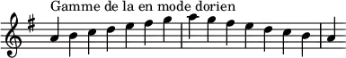  {
\override Score.TimeSignature #'stencil = ##f
\relative c'' {
  \key a \dorian
  \clef treble \time 7/4
  a4^\markup { Gamme de la en mode dorien } b c d e fis g a g fis e d c b a
} }
