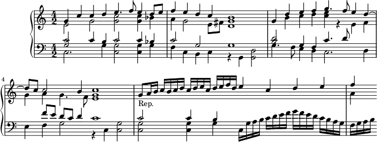 
\version "2.14.2"
\header {
  tagline = ##f
}
upper = \relative c'' {
  \clef treble 
  \key a \minor
  \time 4/2
  \tempo 2 = 58
  \autoBeamOff
  \set fontSize = #-1

    << { g4 c c d e4. f8 e4 d8 e } \\ { e,2 g << g c >> << g4 c >> bes } >> 
    << { f'4 e d c b1 } \\ { a4 g2 e8 fis << d1 g >> } >> 
    << { g4 d' e f g4. f8 e4 d~ } \\ { s4 b c d << c e >> r4 e,4 f } >> 
    << { d'8 c c2 b4 c1 } \\ { g4 a g4. f8 <<e1 g >> } >> 
    % placer ici la double barre
    << { g8_"Rep." a16 b   c b c d    c d e c   d e f d   e4 c d e } \\ {} >>
    << { f4 } \\ { a,4 } >>  
}

lower = \relative c {
  \clef bass
  \key a \minor
  \time 4/2

    << { << c'2 g >> c4 b c2 c4 bes } \\ { c,2. g'4 << c,2 g' >> << c,4 g' >> g } >> 
    << { c2 g g1 } \\ { f4 c b c r4 g << d'2 g, >> } >> 
    << { << d''2 b >> g4 f c'4. d8 } \\ { g,4. f8 e4 d c2. d4 } >> 
    << { s4 f'8 e d c d4 c1 } \\ { e,4 f g2 r4 c,4 << g'2 c, >> } >> 
    << { c'2 c4 b } \\ { << g2 c,2 >> << g'4 c,4 >> g'4 } >> 
     c,16 g' a b   c d e f   g f e d   c b a g   f g a b
}

\score {
  \new PianoStaff <<
    \set PianoStaff.instrumentName = #""
    \new Staff = "upper" \upper
    \new Staff = "lower" \lower
  >>
  \layout {
    \context {
      \Score
      \remove "Metronome_mark_engraver"
    }
  }
  \midi { }
}
