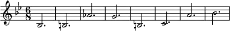 <<
\relative c'' {
\version "2.18.2"
\key bes \major
\time 6/8
\tempo ""
bes,2. b aes' g b, c a' bes
}
>>