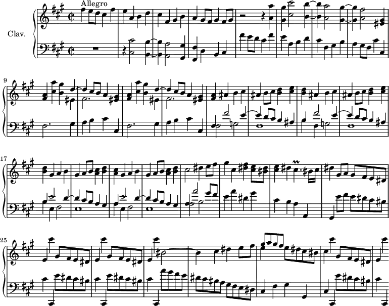 
\version "2.18.2"
\header {
  tagline = ##f
  % composer = "Domenico Scarlatti"
  % opus = "K. 447"
  % meter = "Allegro"
}

%% les petites notes
trillCisp       = { \tag #'print { cis4.\prall } \tag #'midi { dis32 cis cis cis~ cis4 } }

upper = \relative c'' {
  \clef treble 
  \key fis \minor
  \time 2/2
  \tempo 2 = 82
  \set Staff.midiInstrument = #"harpsichord"
  \override TupletBracket.bracket-visibility = ##f

      s8*0^\markup{Allegro}
      fis4 e8 d cis4 fis | e a, b d | cis fis, gis b | a gis8 fis gis4 fis8 gis | 
      % ms. 5
      r2 r4 < a a' >4 | < gis gis' > < cis cis' >2 < b b' >4~ | q < a a' >2 < gis gis' >4~ | q < a fis' >2 < gis eis >4 | < a fis > \repeat unfold 2 { < cis a' > < b gis' >
      % ms. 9 fin
      << { d4~ | d cis8 b a4 } \\ { eis4 | fis2. } >> < eis gis >4 | < fis a > } \repeat unfold 2 { ais4 b cis | ais b8 cis < b d >4 < cis e > | < b d > }
      % ms. 17
      gis4 a b | gis a8 b < cis a >4 < b d > | < a cis > gis a b |
      % ms. 20
      gis4 a8 b < cis a >4 < b d > | cis2 dis4 e8 fis | gis4 cis, < dis fis > < cis e >8 < bis dis > | < cis e >4 dis \trillCisp bis16 cis | dis4 gis,8 a gis fis e dis |
      % ms. 25
      \repeat unfold 2 { e4 cis'' gis,8 fis e dis } | e4 cis'' bis,2~ | bis4 cis dis e8 fis | << { gis8 a gis fis } \\ { e4 } >> e8 dis cis bis
      % ms. 30
      cis4 cis' gis,8 fis e dis | e4 cis''

}

lower = \relative c' {
  \clef bass
  \key fis \minor
  \time 2/2
  \set Staff.midiInstrument = #"harpsichord"
  \override TupletBracket.bracket-visibility = ##f

    % ************************************** \appoggiatura a16  \repeat unfold 2 {  } \times 2/3 { }   \omit TupletNumber 
      R1 | r4 < cis, cis' >2 < b b' >4~ | q < a a' >2 < gis gis' >4 | < fis fis' > d' b cis |
      % ms. 5
      fis' e8 d cis4 fis | e a, b d | cis fis, gis b | a gis8 fis cis'4 cis, | fis2. gis4 |
      % ms. 10
      a4 b cis cis, | fis2. gis4 | a b cis cis, | << { fis4 fis'2 e4~ | e d8 cis b4 ais } \\ { fis2 g | fis1 } >>
      % ms. 15
      << { b4 fis'2 e4~ | e d8 cis b4 ais | b4 e2 d4~ | d cis8 b a4 gis } \\ { b4 fis g2 | fis1 | b4 e, fis2 | e1 } >>
      % ms. 19
      << { a4 e'2 d4~ | d cis8 b a4 gis | a4 a'2 gis8 fis } \\ { a,4 e fis2 | e1 | a2 b } >> | e4 a dis, gis | cis, b a a, | gis e''8 fis e dis cis bis |
      % ms. 25
      cis4 cis,, \repeat unfold 2 { e''8 dis cis bis | cis4 cis,, } a'''8 gis fis e | dis cis bis a gis fis e dis | cis4 fis gis gis, |
      % ms. 30
      cis4 cis, e''8 dis cis bis | cis4 cis,,

}

thePianoStaff = \new PianoStaff <<
    \set PianoStaff.instrumentName = #"Clav."
    \new Staff = "upper" \upper
    \new Staff = "lower" \lower
  >>

\score {
  \keepWithTag #'print \thePianoStaff
  \layout {
      #(layout-set-staff-size 17)
    \context {
      \Score
     \override SpacingSpanner.common-shortest-duration = #(ly:make-moment 1/2)
      \remove "Metronome_mark_engraver"
    }
  }
}

\score {
  \keepWithTag #'midi \thePianoStaff
  \midi { }
}
