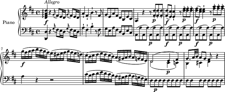 
\version  "2.18.2"
\header {
  tagline = ##f
}
upper = \relative c' {
  \clef treble
  \key d \major
  \time 4/4
  \tempo "Allegro"
  \tempo 4 = 130
  %\autoBeamOff

  <d fis a d>4\arpeggio \f ^\markup{ \italic {Allegro } } r
  \repeat unfold 2 {\grace g16 (fis8) e16 d}
  a'4-! fis-! b-! r8 fis8
  g e a fis d b e cis
  a4 r r8 <fis' d'>8-. \p <fis d'>-. <fis d'>-.
  <fis d'> \f (<e cis'>) <e cis'>4-! r8 <d' fis>-. \p <d fis>-. <d fis>-.
  <d fis>\f (<cis e>) <cis e>4-! r8 <fis a>-. \p <fis a>-. <fis a>-.
  g16 \f  (fis g a b a g fis) e (dis e fis g fis e d)
  cis (b cis d e d cis b) a (gis a b a g fis e)
  <<{\stemDown d2 _ (cis4\p c) b cis! d} \\ {\stemUp d2 ^(e4 fis) g8. a32 b a8 g fis}>> r4
}

lower = \relative c' {
  \clef bass
  \key d \major
  \time 4/4
  \set Staff.midiMinimumVolume = #0.2 \set Staff.midiMaximumVolume = #0.5
  <d,, d'>4   r4  \repeat unfold 2 { \grace g'16 (fis8) e16 d }
  a'4-! fis-! b-! r8 fis8
  g e a fis d b e cis
  a (a ' a, a')  a, \p  (a ' a, a') 
  \repeat unfold 2 { a, \f (a ' a, a')  a, \p  (a ' a, a')  }
  a4 r4 r2
  cis16 (b cis d e d cis b) a (gis a b a g fis e)
  d8 d \p \repeat unfold 14 { d }
}

\score {
  \new PianoStaff <<
    \set PianoStaff.instrumentName = #"Piano"
    \new Staff = "upper" \upper
    \new Staff = "lower" \lower
  >>
  \layout {
    \context {
      \Score
      \remove "Metronome_mark_engraver"
    }
  }
  \midi { }
}
