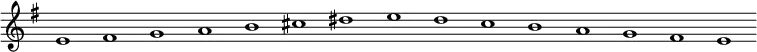 \new Staff {
\relative c' {
\key e \minor
\override Staff.TimeSignature #'stencil = ##f
\override Staff.BarLine #'stencil = ##f
e1 fis g a b cis dis e d c b a g fis e
}
}
\midi {
\context {
\Score
tempoWholesPerMinute = #(ly:make-moment 120 1)
}
}