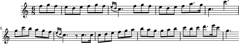 \version "2.18.2"
\header {
tagline = ##f
}
\score {
\new Staff \with {
}
%acciaccaturaed = { \tag #'print \acciaccatura { e16( d } c4.) \tag #'midi { e8 d } c4.) }
<<
\relative c'' {
\key c \major
\time 6/8
\override TupletBracket #'bracket-visibility = ##f
\set Staff.midiInstrument = #"recorder"
%%% Pep Ventura, Per tú ploro (prélude)
\partial 4.
f8 g f e d e f g f \acciaccatura { e16( d } c4.) f8 g f e d e f a8. g16 | c,4. c' | g8 c b a g f | \acciaccatura { e16( d } c4.) r8 c8. c16 | c8 d e f g a b a g g a b | c b c d8. e16 c8 g4.
}
>>
\layout {
\context { \Score \remove "Metronome_mark_engraver" }
}
\midi { \tempo 8 = 220 }
}