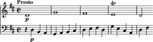 <<
\new Staff
\relative c' {
\version "2.18.2"
\key d \major
\tempo "Presto"
\time 2/2
d1\p g fis e\trill d2
}
\new Staff
\relative c' {
\clef bass
\key d \major
\time 2/2
r4 d,4\p b a
g a b cis
d e fis d
g e cis a
d fis
}
>>