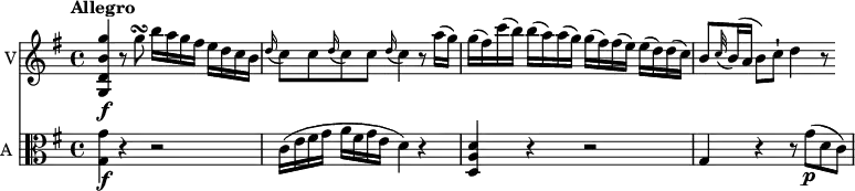 << \new Staff \with { instrumentName = #"V"}
\relative c'' {
\version "2.18.2"
\key g \major
\tempo "Allegro"
\time 4/4
\tempo 4 = 110
<g, d' b' g'>4 \f r8 g''\turn b16 a g fis e d c b
\grace d16 (c8) c \grace d16 (c8) c \grace d16 (c4) r8 a'16 (g)
g (fis) c' (b) b (a) a (g) g (fis) fis (e) e (d) d (c)
b8 \grace c32 (b16) (a b8) c-! d4 r8
}
\new Staff \with { instrumentName = #"A "} \relative c'' {
\key g \major
\clef "alto"
<g, g'>4 \f r r2
c16 (e fis g a fis g e d4) r
<d, a' d>4 r r2
g4 r r8 g'\p (d c)
}
>>