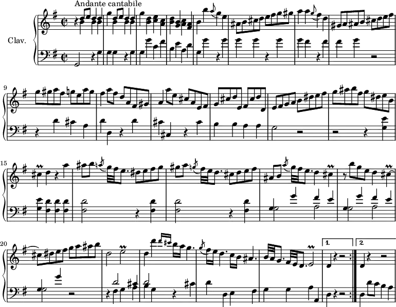 \version "2.18.2"
\header {
tagline = ##f
% composer = "Domenico Scarlatti"
% opus = "K. 304"
% meter = "Andante cantabile"
}
%% les petites notes
trillCis = { \tag #'print { cis4\prall~ } \tag #'midi { d32 cis d cis~ cis8~ } }
trillEb = { \tag #'print { e2\prall } \tag #'midi { fis32 e fis e~ e8~ e4 } }
upper = \relative c'' {
\clef treble
\key g \major
\time 2/2
\tempo 2 = 58
\set Staff.midiInstrument = #"harpsichord"
\override TupletBracket.bracket-visibility = ##f
\repeat volta 2 {
s8*0^\markup{Andante cantabile}
r4 \repeat unfold 2 { << { d8 e d4 d | s4 } \\ { b4 b b | g' } >> } < b, d >4 < c e > < a c > | < b d > < g b > < a c > < fis a > | b b' \appoggiatura a8 g4 e |
% ms. 6
ais,8 b cis d e fis g gis | a4 a \appoggiatura g8 fis4 d | gis,8 a ais b cis d e fis | g gis a fis g e a g |
% ms. 10
fis4 a8 fis d a fis gis | a4 a'8 e cis a e fis | g cis d e, fis cis' d d, | e fis g a b dis e fis |
% ms. 14
g ais b fis g dis e b | \trillCis d4 r4 a'4 | ais8 b \acciaccatura a8 g32 fis e8. dis8 e fis g | gis a \acciaccatura g8 fis32 e d8. cis8 d e fis |
% ms. 18
ais,8 b \acciaccatura a'8 g32 fis e8. d4 \trillCis | r8 b'8 g e d4 \trillCis | cis8 dis e fis g a ais b | d,2 \trillEb
% ms. 22
d4 d' \grace { \tempo 2 = 25 d16 cis } \tempo 2 = 58 b16 a g4. | \acciaccatura g8 fis16 e d4. c16 b ais4. | b32 a g8. fis32 e d8. \trillEb }%reprise
\alternative {
{ d4 r4 r2 }
{ d4 r4 r2 }
}
}
lower = \relative c' {
\clef bass
\key g \major
\time 2/2
\set Staff.midiInstrument = #"harpsichord"
\override TupletBracket.bracket-visibility = ##f
\repeat volta 2 {
% ************************************** \appoggiatura a16 \repeat unfold 2 { } \times 2/3 { } \omit TupletNumber
g,2 r4 g'4 | g g r4 g g g' c, fis | b, e a, d | g, g' r4 g |
% ms. 6
g4 g r4 g | g fis r4 fis | fis g r2 | r4 d4 cis a |
% ms. 10
d4 d, r4 d' | cis cis, r4 cis' | b b a a | g2 r2 |
% ms. 14
r2 r4 < g e' >4 | q < fis d' > q q | q2 r4 q4 | < fis d' >2 r4 q4 |
% ms. 18
<< { \repeat unfold 2 { g4 g' fis e } | g, g' } \\ { g,2 a | g a | g } >> r2 | r4 << { d'2 cis4 } \\ { fis,4 g a } >>
% ms. 22
<< { d2 } \\ { b4 g } >> r4 cis4 | d d, e fis | g g a a,
}%reprise
\alternative {
{ d4 r4 r2 }
{ d4 d'8 c b4 a }
}
}
thePianoStaff = \new PianoStaff <<
\set PianoStaff.instrumentName = #"Clav."
\new Staff = "upper" \upper
\new Staff = "lower" \lower
>>
\score {
\keepWithTag #'print \thePianoStaff
\layout {
#(layout-set-staff-size 17)
\context {
\Score
\override SpacingSpanner.common-shortest-duration = #(ly:make-moment 1/2)
\remove "Metronome_mark_engraver"
}
}
}
\score {
\unfoldRepeats
\keepWithTag #'midi \thePianoStaff
\midi { }
}