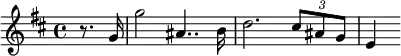 \relative c'' {\key b \minor \time 4/4
\partial 4 r8. g16
g'2 ais,4.. b16
d2. \times 2/3 {cis8 ais g} e4}