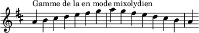  {
\override Score.TimeSignature #'stencil = ##f
\relative c'' {
  \key a \mixolydian
  \clef treble \time 7/4
  a4^\markup { Gamme de la en mode mixolydien } b cis d e fis g a g fis e d cis b a
} }
