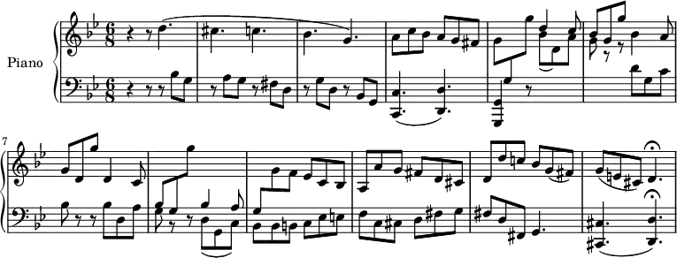 
\version "2.14.2"
\header {
  tagline = ##f
}
upper = \relative c'' {
  \clef treble 
  \key bes \major
  \time 6/8
  \tempo 4 = 172
  \tempo "Presto"
  %\autoBeamOff

  r4 r8 d4.( cis c! bes g) | 
 %%% mesure 4
  a8 c bes a g fis | g \change Staff = "lower" g, \change Staff = "upper" g'' 
 %%% fin de la mesure 5, début 6
  << { d4 c8 bes8 g g' } \\ { bes,(d,) a' g r8 r8 } >> 
  bes4 a8 | 
 %%% mesure 7
  g d g' d,4 c8 |
 %%% mesure 8
  \change Staff = "lower" bes g \change Staff = "upper" g'' s4.
  %%% \change Staff = "lower" bes,,4 a8 |
  %%% mesure 9
  \change Staff = "lower" g,,8 \change Staff = "upper" g' f ees c bes | a a' g fis d cis | d d' c! bes g( fis) |
  g( e! cis) d4.\fermata

}

lower = \relative c {
  \clef bass
  \key bes \major
  \time 6/8
    
   r4 r8 r8 bes' g r8 a g r8 fis d | r8 g d r8 bes g | < c c, >4.( < d d, >) | < g, g, >4 r8 
   %%%% \change Staff = "upper"  \change Staff = "lower" 
   s4. s4. d''8 g, c bes r8 r8 bes8 d, a' | 
   %%% mesure 8
   g r8 r8 << { bes4 a8 } \\ { d,( g, c) } >>
   %%% mesure 9 
   << { s4. } \\ { bes8-\! bes b! } >> c ees e! f c cis d fis g fis d fis, g4. | < cis cis, >4.( < d d, >)\fermata
   
}

\score {
  \new PianoStaff <<
    \set PianoStaff.instrumentName = #"Piano"
    \new Staff = "upper" \upper
    \new Staff = "lower" \lower
  >>
  \layout {
    \context {
      \Score
      \remove "Metronome_mark_engraver"
    }
  }
  \midi { }
}
