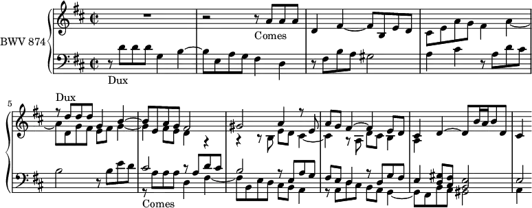 
\version "2.18.2"
\header {
  tagline = ##f
}

Dux           = { r8-\markup{Dux} d8 d d g,4 b~ b8 e, a g }
Comes         = { r8-\markup{Comes} a8 a a d,4 fis~ fis8 b, e d }

upper = \relative c'' {
  \clef treble 
  \key d \major
  \time 2/2
  \tempo 4 = 84
  \set Staff.midiInstrument = #"harpsichord" 

   %% FUGUE CBT II-5, BWV 874, ré majeur
   R1 r2 \Comes << { s1 \relative c'' { \Dux fis2 gis a4 r8 e8 a g fis4~ fis e8 d cis4 d~ d8 b'16 a b8 d, cis4 } } \\ { cis8 e a g fis4 a~ a8 d, g fis e fis g4~ g fis8 e d4 r4 | r4 r8 b8 e d cis4~ cis r8 a8 d cis b4 a } >>

}

lower = \relative c' {
  \clef bass 
  \key d \major
  \time 2/2
  \set Staff.midiInstrument = #"harpsichord" 
    
   \Dux fis4 d r8 fis8 b a gis2 a4 cis r8 a8 d cis b2 r8 b8 e d 
   << { cis2 r8 a8 d cis b2 r8 e,8 a g | fis e d4 r8 d8 g fis | e4 < gis d >8 < fis cis > < e b >2 | e2*1/2 } \\ { \relative c' { \Comes  cis8 b a4  | r8 a8 d cis b a g4~ g8 fis b a gis2 a4 } } >>
    
} 

\score {
  \new PianoStaff <<
    \set PianoStaff.instrumentName = #"BWV 874"
    \new Staff = "upper" \upper
    \new Staff = "lower" \lower
  >>
  \layout {
    \context {
      \Score
      \remove "Metronome_mark_engraver"
    }
  }
  \midi { }
}
