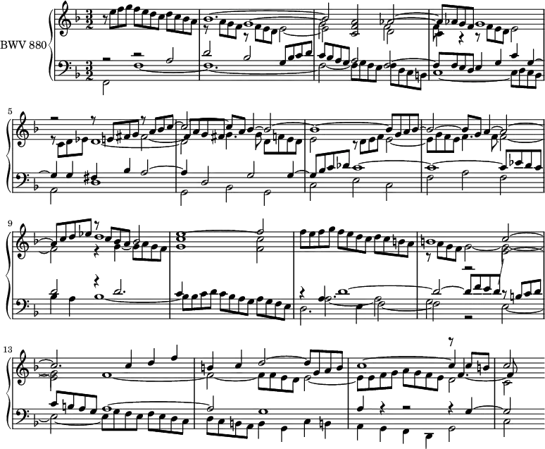 
\version "2.18.2"
\header {
  tagline = ##f
}

upper = \relative c'' {
  \clef treble 
  \key f \major
  \time 3/2
  \tempo 2 = 63
  \set Staff.midiInstrument = #"harpsichord" 

   %% PRÉLUDE CBT II-9, BWV 878, mi majeur
   r8 e8 f g f e d c d c bes a
   << { bes1.~ bes2 < a f c > aes~ aes8 aes g f g1 } \\ { s2 r8 f e d e2~ e s2 d2~ c4 r4 r8 f8 e d e2 } \\ { e8\rest \stemDown a g f g1~ g2 s2 f2~ f8 } >>
   << { s2 s2 r8 a8 bes c~ c2~ c8 a bes4~ bes2~ bes1~ bes8 g a bes~ bes2~ bes8 g a4~ a2~ a8 c d ees d1 e f2~ } \\ { r8 c,8 d ees d1~ d2 g4. g8 d f e d e2 r8 d8 e f e2~ e8 g f e f4. f8~ f2~ f2 r4 g4~ g8 a g f < c' g >1^~ < c f, >2~ f8 e f g } \\  { r2 r8 e, fis g \stemDown fis2_~ \stemUp fis8 a g fis   s1.*3   r8 c'8 bes a bes2 } >>
    f'8 e d c d c b a
   << { b1 c2~ c2. c4 d f b, c d2~ d8 g, a b c1~ c4 c8 b c2 } \\ { r8 a8 g f g2~ g~ | g  f1~ f2~ f8 f e d e2~ e8 e f g a g f e d2 c } \\ { s1.*3 s1  r8 f4._~ f8 } >>
   
}

lower = \relative c' {
  \clef bass 
  \key f \major
  \time 3/2
  \set Staff.midiInstrument = #"harpsichord" 
  
       << { r2 r2 a2 d bes g8 bes c d | c bes a g a2 f2~ f8 f e d e4 g c g~ g g fis bes a2~ | a4 d,2 g g4~ | g8 bes c des c1~ | c~ c8 ees d c d2 r4 d2. c4 } \\ { f,,2 f'1~ f1.~ f2~ f8 g f e f d c b c1~ c8 d c bes a2 d1 g,2 bes g c e c f a f bes4 a bes1~ bes8 bes c d c bes a g a g f e } >>
       << { r4 a4 d1~ d2~ d8 f e d \showStaffSwitch \stemDown \change Staff ="upper" e2~ e } \\ { d,2. e4 f2~ f r2 e2~ e~ e8 g f e f e d c d c b a b4 g c b! | a g f d g2 | c } \\ { s4 \stemDown a'2._~ a2 g r2 r8 \stemUp b c d c b a g a1~ a2 g1 a4 r4 r2 r4 g4~ g2 } >>

} 

\score { 
  \new PianoStaff <<
    \set PianoStaff.instrumentName = #"BWV 880"
    \new Staff = "upper" \upper
    \new Staff = "lower" \lower
  >>
  \layout {
    \context {
      \Score
      \remove "Metronome_mark_engraver"
      \override SpacingSpanner.common-shortest-duration = #(ly:make-moment 1/2)
    }
  }
  \midi { }
}
