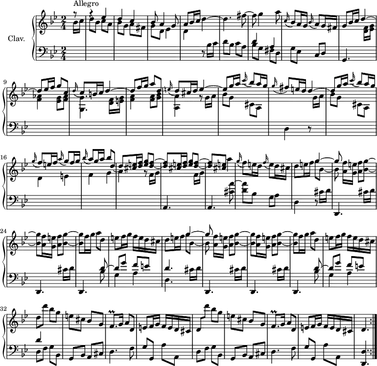 \version "2.18.2"
\header {
tagline = ##f
% composer = "Domenico Scarlatti"
% opus = "K. 196"
% meter = "Allegro"
}
%% les petites notes
trillFqp = { \tag #'print { f8.\prall } \tag #'midi { g32 f g f~ f16 } }
upper = \relative c'' {
\clef treble
\key g \minor
\time 2/4
\tempo 4 = 82
\set Staff.midiInstrument = #"harpsichord"
\repeat volta 2 {
s8*0^\markup{Allegro}
\partial 8 g'8\rest | g4\rest \stemUp ees4 | d c | bes8 a4 g8 | a bes16 c \stemNeutral d4~ |
% ms. 5
d4. fis8~ | fis g4 a8 | \appoggiatura c,16 bes8 a16 g \appoggiatura bes16 a8 g16 fis | g8 bes16 c \stemUp d4^~ | d8 ees16 f g8 c, |
% ms. 10
\appoggiatura d16 c8 b16 c d4^~ | d8 f16 g a8 d, | \appoggiatura e16 d8 cis16 d e4^~ | e8 g16 a \appoggiatura c16 bes8 a16 g | \appoggiatura g16 fis8 e16 d d4^~ |
% ms. 15
d8 g16 a \appoggiatura c16 bes8 a16 g | \appoggiatura g16 f8 e16 f \appoggiatura a16 g8 f16 g | \appoggiatura bes16 a8 g16 a bes8 d,~ | d \repeat unfold 2 { < cis e >16 < d f > < e g >8 < d f >~ |
% ms. 20
q } < cis e >8 \stemNeutral a'4 | \appoggiatura g16 f8 e16 d \appoggiatura f16 e8 d16 cis | d8 e16 f << { g4~ | g8 } \\ { g8 bes,~ | bes } >> \repeat unfold 2 { < a f' >16 < g e' > < a f' >8 < bes g' >~ |
% ms. 25
q } f'16 g a8 d, | e f16 g f e d cis | d8 e16 f << { g4~ | g8 } \\ { g8 bes,~ | bes } >> \repeat unfold 2 { < a f' >16 < g e' > < a f' >8 < bes g' >~ |
% ms. 30
q } f'16 g a8 d, | e f16 g f e d cis | d8 d' bes g | e cis bes g | \trillFqp g16 a8 d, |
% ms. 35
e8 f16 g f e d cis | d8 d'' bes g | e cis bes g | \trillFqp g16 a8 d, | e f16 g f e d cis | d4. }%repet
}
lower = \relative c' {
\clef bass
\key g \minor
\time 2/4
\set Staff.midiInstrument = #"harpsichord"
\repeat volta 2 {
% ************************************** \appoggiatura a16 \repeat unfold 2 { } \times 2/3 { } \omit TupletNumber
\stemDown \change Staff = "upper" bes'16 c | d8 bes c a | bes g a fis | g d ees4 | d \stemNeutral \change Staff = "lower" r8 bes16 c |
% ms. 5
d8 bes c a | << { d4 a } \\ { bes8 g fis d } >> | g8 ees c d | g,4. \stemDown \change Staff = "upper" < d'' f >16 < ees g > | < f aes >4 < ees g >8 < f aes > |
% ms. 10
< g, g' >4. < d' f >16 < e g > | < f a >4 q8 < g bes > | < a, a' >4 r8 g'16 a | bes8 g cis, a | \stemNeutral \change Staff = "lower" d,4 r8 \stemDown \change Staff = "upper" g'16 a |
% ms. 15
bes8 g cis, a | d4 e | f g | a r8 \repeat unfold 2 { \stemDown \change Staff = "upper" f16 g \stemNeutral \change Staff = "lower" |
% ms. 20
a,,4. } < cis' a' >8~ | < d a' > bes g a | d,4 r8 \repeat unfold 3 { cis'16 d |
% ms. 25
d,,4. } << { d''8~ | d g f e | d4. } \\ { bes8 | g4 a | d,4. } >> \repeat unfold 3 { cis'16 d |
% ms. 30
d,,4. } << { d''8~ | d g f e | d4 } \\ { bes8 | g4 a | d,8 f g bes, } >> | g bes a cis | d4. f8 |
% ms. 35
g8 g, a' a, | d f g bes, | g bes a cis | d4. f8 | g g, a' a, | < d, d' >4. }%repet
}
thePianoStaff = \new PianoStaff <<
\set PianoStaff.instrumentName = #"Clav."
\new Staff = "upper" \upper
\new Staff = "lower" \lower
>>
\score {
\keepWithTag #'print \thePianoStaff
\layout {
#(layout-set-staff-size 17)
\context {
\Score
\override TupletBracket.bracket-visibility = ##f
\override SpacingSpanner.common-shortest-duration = #(ly:make-moment 1/2)
\remove "Metronome_mark_engraver"
}
}
}
\score {
\unfoldRepeats
\keepWithTag #'midi \thePianoStaff
\midi { }
}