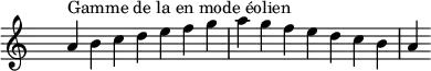 \relative c'' {
\clef treble \time 7/4 \hide Staff.TimeSignature a4^\markup { Gamme de la en mode éolien } b c d e f g a g f e d c b a
}