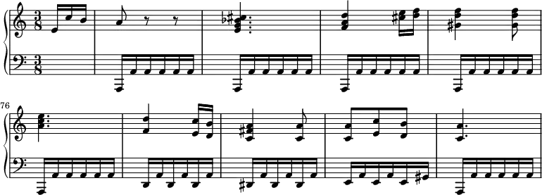 \version "2.14.2"
\header {
tagline = ##f
}
upper = \relative c'' {
\clef treble
\key a \minor
\time 3/8
\tempo 4 = 68
%\autoBeamOff
\set Staff.midiInstrument = #"piano"
\partial 8. e,16 c' b a8 r8 r8
< cis bes g e >4. < d a f >4 < e cis >16 < f d >
< f d gis, >4 < f d gis, >8 < e c a >4. < d f, >4
< c e, >16 < b d, > < a fis c >4 < a c, >8 < a c, > < c e, > < b d, > < a c, >4.
}
lower = \relative c' {
\clef bass
\key a \minor
\time 3/8
\set Staff.midiInstrument = #"piano"
\set Score.currentBarNumber = #72
s8. \repeat unfold 5 { a,,16 \repeat unfold 5 { a' } }
\repeat unfold 3 { d,16 a' }
\repeat unfold 3 { dis,16 a' }
\repeat unfold 2 { e16 a } e gis
a,16 \repeat unfold 5 { a' }
}
\score {
\new PianoStaff <<
\set PianoStaff.instrumentName = #""
\new Staff = "upper" \upper
\new Staff = "lower" \lower
>>
\layout {
indent = #0
\context {
\Score
\remove "Metronome_mark_engraver"
\override SpacingSpanner.common-shortest-duration = #(ly:make-moment 1/2)
}
}
\midi { }
}