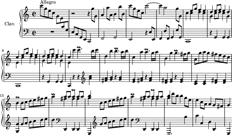 \version "2.18.2"
\header {
tagline = ##f
% composer = "Domenico Scarlatti"
% opus = "K. 406"
% meter = "Allegro"
}
%% les petites notes
trillCp = { \tag #'print { c4.\prall } \tag #'midi { d32 c d c~ c4 } }
trillBp = { \tag #'print { b4.\prall } \tag #'midi { c32 b c b~ b4 } }
trillAp = { \tag #'print { a4.\prall } \tag #'midi { b32 a b a~ a4 } }
trillGp = { \tag #'print { g4.\prall } \tag #'midi { a32 g a g~ g4 } }
trillB = { \tag #'print { b4\prall } \tag #'midi { c32 b c b~ b8 } }
trillA = { \tag #'print { a4\prall } \tag #'midi { b32 a b a~ a8 } }
upper = \relative c'' {
\clef treble
\key c \major
\time 2/2
\tempo 2 = 82
s8*0^\markup{Allegro}
c'8 g e c \stemDown g e \stemUp \change Staff = "lower" c g \stemNeutral \change Staff = "upper" | r2 r4 g''8 g, |
a4 a'8 a, b4 b'8 b, | c'g e c c'2~ |
% ms. 5
c4 a2 g8 g, | c4 \repeat unfold 2 {
<< { e8 g f4 e | d e8 f e4 d | c }
\\ { c4 d c | g c8 d c4 g | e } >> }
% ms. 10 suite
c''4 \trillCp b16 c | d,4 b'4 \trillBp a16 b | c,4 a' \trillAp g16 a |
% ms. 13
b,4 g' \trillGp fis16 g | a,8 g' a g fis e d c | \trillB \repeat unfold 2 { b8 c d e fis g |
% ms. 18
\trillA << { a8 a \trillA a8 a | b4 } \\ { fis4 fis fis | g4 } >> } | d'8 b b4 g8 e | e4 c8 a a4 g8 fis |
% ms. 21
g4
% ms. 25
}
lower = \relative c' {
\clef bass
\key c \major
\time 2/2
% ************************************** \appoggiatura a16 \repeat unfold 2 { } \times 2/3 { } \omit TupletNumber
R1 | e,8 c g e c2 | f g | e r4 e'8 e, |
% ms. 5
f4 f'8 f, g4 g'8 g, | c,1 | r4 g'4 g g | c,1 |
% ms. 9
r4 g'4 g g | c, r4 r4 \clef treble < a''' c >4 | < fis a > < g b > r4 q | < e g > < fis a > r4 q |
% ms. 13
< d fis >4 < e g > r4 q | < c e > q < d fis > q | < g, g' > g'8 a b c d e | d4 \clef bass d,,, d d |
% ms. 17
g,4 \clef treble g'''8 a b c d e | d4 \clef bass d,,, d d | g,2. b''4 | c c, d d, |
% ms. 21
g,4
% ms. 25
}
thePianoStaff = \new PianoStaff <<
\set PianoStaff.instrumentName = #"Clav."
\new Staff = "upper" \upper
\new Staff = "lower" \lower
>>
\score {
\keepWithTag #'print \thePianoStaff
\layout {
#(layout-set-staff-size 17)
\context {
\Score
\override TupletBracket.bracket-visibility = ##f
\override SpacingSpanner.common-shortest-duration = #(ly:make-moment 1/2)
\remove "Metronome_mark_engraver"
}
}
}
\score {
\keepWithTag #'midi \thePianoStaff
\midi { \set Staff.midiInstrument = #"harpsichord" }
}