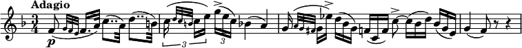 
 \version "2.18.2"
 \relative c' {
  \key f \major
  \time 3/4
  \tempo "Adagio"
  \tempo 4 = 40
    f8   \p ( \grace {g32 f e} f16. a32) c8.. (a32) d8.. (b32)  
   \tuplet 3/2 {c16 (\grace {d32 c b} c16 e)}  \tuplet 3/2 {g16-> ( [e c])} bes!4 (a)
   \scaleDurations  2/3 {g16 (\grace {a32 g fis} g16 ees'->)}  \scaleDurations 2/3  {d16  ([bes g])} \scaleDurations 2/3  {f16 ( [c f])} c'8-> ~ \scaleDurations 2/3        {c16 ([bes d])} \scaleDurations 2/3 {bes16 ([g e])}
  g4 (f8) r r4
}
