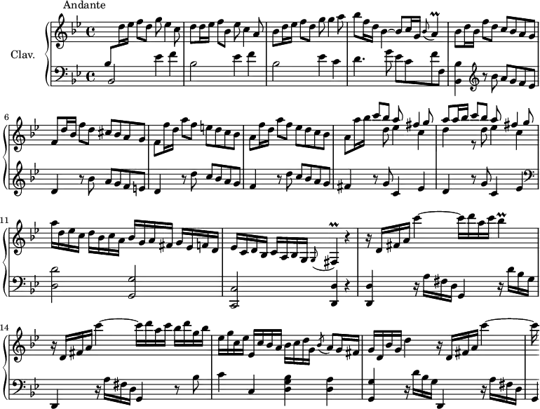 \version "2.18.2"
\header {
tagline = ##f
% composer = "Domenico Scarlatti"
% opus = "K. 266"
% meter = "Andante"
}
\header {
piece = " Andante"
}
%% les petites notes
trillA = { \tag #'print { a4\prall } \tag #'midi { bes32 a bes a~ a8} }
trillFis = { \tag #'print { \appoggiatura g8 fis4\prall } \tag #'midi { g32 fis g fis~ fis8 } }
trillBes = { \tag #'print { bes4\prall } \tag #'midi { c32 bes c bes~ bes8} }
upper = \relative c'' {
\clef treble
\key bes \major
\time 4/4
\tempo 4 = 82
\set Staff.midiInstrument = #"harpsichord"
\override TupletBracket.bracket-visibility = ##f
%s8*0^\markup{Andante}
\stemUp \change Staff = "lower" bes,8 \stemNeutral \change Staff = "upper" d'16 ees f8 d g ees4 c8 | d8 d16 ees f8 bes, ees c4 a8 | bes8 d16 ees f8 d g8 g4 a8 |
% ms. 4
bes8 f16 d bes4~ bes8 c16 g \appoggiatura bes8 \trillA | bes8 d16 bes f'8 d c bes a g | f d'16 bes f'8 d cis bes a g |
% ms. 7
f8 f'16 d a'8 f e d c bes | a8 f'16 d a'8 f ees d c bes | a8 a'16 bes << { c8 bes a fis4 g8 | a8 a16 bes c8 bes a fis4 g8 } \\ { s8 d8 ees4 c | d r8 d8 ees4 c } >>
% ms. 11
a'16 d, ees c d bes c a bes g a fis g ees f d | ees c d bes c a bes g \trillFis r4 |
% ms. 13
r16 d'16 fis a c'4~ c16 d a c \trillBes | r16 d,,16 fis a c'4~ c16 d a c bes d g, bes |
% ms. 15
ees,16 g c, ees ees, c' bes a bes c d g, \acciaccatura bes8 a8 g16 fis | g d bes' g d'4 r16 d,16 fis a c'4~ |
% ms. 17
c16
% ms. 19
% ms. 21
}
lower = \relative c' {
\clef bass
\key bes \major
\time 4/4
\set Staff.midiInstrument = #"harpsichord"
\override TupletBracket.bracket-visibility = ##f
% ************************************** \appoggiatura a16 \repeat unfold 2 { } \times 2/3 { } \omit TupletNumber
\shiftOn bes,2 ees'4 f | bes,2 ees4 f | bes,2 ees4 c |
% ms. 4
d4. g8 ees c f f, | < bes, bes' >4 \clef treble r8 bes''8 a g f ees | d4 r8 bes'8 a g f e |
% ms. 7
d4 r8 d'8 c bes a g | f4 r8 d'8 c bes a g | fis4 r8 g8 c,4 ees |
% ms. 10
d4 r8 g8 c,4 ees | \clef bass < d, d' >2 < g, g' > < c, c' > < d d' >4 r4 |
% ms. 13
< d d' >4 r16 a''16 fis d g,4 r16 d''16 bes g | d,4 r16 a''16 fis d g,4 r8 bes'8 |
% ms. 15
c4 c, < d g bes >4 < d a' > | < g, g' > r16 d''16 bes g d,4 r16 a''16 fis d |
% ms. 17
g,4*1/4
% ms. 19
% ms. 21
}
thePianoStaff = \new PianoStaff <<
\set PianoStaff.instrumentName = #"Clav."
\new Staff = "upper" \upper
\new Staff = "lower" \lower
>>
\score {
\keepWithTag #'print \thePianoStaff
\layout {
#(layout-set-staff-size 17)
\context {
\Score
\override SpacingSpanner.common-shortest-duration = #(ly:make-moment 1/2)
\remove "Metronome_mark_engraver"
}
}
}
\score {
\keepWithTag #'midi \thePianoStaff
\midi { }
}