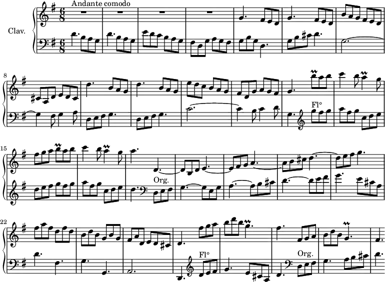 \version "2.18.2"
\header {
tagline = ##f
% composer = "Domenico Scarlatti"
% opus = "K. 328"
% meter = "Andante comodo"
}
%% les petites notes
trillBqUp = { \tag #'print { b'8\prall } \tag #'midi { c32 b c b } }
trillA = { \tag #'print { a4\prall } \tag #'midi { b32 a b a~ a8 } }
trillBq = { \tag #'print { b8\prall } \tag #'midi { c32 b c b } }
trillGp = { \tag #'print { g4.\prall } \tag #'midi { a32 g a g~ g4 } }
upper = \relative c'' {
\clef treble
\key g \major
\time 6/8
\tempo 4. = 92
\set Staff.midiInstrument = #"harpsichord"
\override TupletBracket.bracket-visibility = ##f
s8*0^\markup{Andante comodo}
R2.*4 | \repeat unfold 2 { g4. fis8 e d } |
% ms. 7
b'8 a g fis e d | cis a d e d cis | \repeat unfold 2 { d'4. b8 a g } |
% ms. 11
e'8 d c b a g | fis d g a g fis | g4. \trillBqUp a8 b | c4 b8 \trillA g8 | fis g a \trillBq a8 b |
% ms. 16
c4 b8 \trillA g8 | a4. d,,4.~ | d8 b d e4.~ | e8 fis g a4.~ | a8 b cis d4.~ |
% ms. 21
d8 e fis g4. | fis8 a fis d fis d | b d b g b g | fis a d, e d cis | d4. fis'8 g a |
% ms. 26
b8 d b \trillGp | fis4. fis,8 g a | b d b \trillGp | fis4.
% ms. 31
}
lower = \relative c' {
\clef bass
\key g \major
\time 6/8
\set Staff.midiInstrument = #"harpsichord"
\override TupletBracket.bracket-visibility = ##f
% ************************************** \appoggiatura a16 \repeat unfold 2 { } \times 2/3 { } \omit TupletNumber
\repeat unfold 2 { d4. b8 a g } | e'8 d c b a g | fis d g a g fis | g b g | d4. |
% ms. 6
g8 b cis d4. | g,2.~ | g4 fis8 g4 a8 | \repeat unfold 2 { d,8 e fis g4. } |
% ms. 11
c2.~ | c4 b8 c4 d8 | g,4. \clef treble g''8^\markup{Fl°} fis g | a fis g c, d e | d e fis g fis g |
% ms. 16
a8 fis g c, d e | d4. \clef bass d,,8^\markup{Org.} e fis | g4.~ g8 e g | a4.~ a8 b cis | d4.~ d8 e fis |
% ms. 21
g4. e8 cis a | d4. fis, | g g, | a2. | d,4. \clef treble d''8^\markup{Fl°} e fis |
% ms. 26
g4. e8 cis a | d4. \clef bass d,8^\markup{Org.} e fis | g4. a8 b cis | d4.
% ms. 31
}
thePianoStaff = \new PianoStaff <<
\set PianoStaff.instrumentName = #"Clav."
\new Staff = "upper" \upper
\new Staff = "lower" \lower
>>
\score {
\keepWithTag #'print \thePianoStaff
\layout {
#(layout-set-staff-size 17)
\context {
\Score
\override SpacingSpanner.common-shortest-duration = #(ly:make-moment 1/2)
\remove "Metronome_mark_engraver"
}
}
}
\score {
\keepWithTag #'midi \thePianoStaff
\midi { }
}