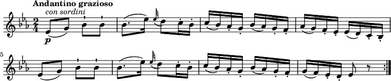 \relative c'' {
\version "2.18.2"
\key ees \major
\tempo "Andantino grazioso"
\time 2/4
\tempo 4 = 60
ees,8\p^\markup { \italic { con sordini } } (g) bes-! bes-!
bes8. (ees16) \grace ees32 ( d8) c16-. bes-.
c (bes) aes-. g-. bes (aes) g-. f-.
aes (g) f-. ees-. ees (d) c-. bes-.
ees8 (g) bes-! bes-!
bes8. (ees16) \grace ees32 ( d8) c16-. bes-.
c (bes) aes-. g-. bes (aes) g-. f-.
g (f) ees-. d-. ees8 r8 \bar ":|."
}