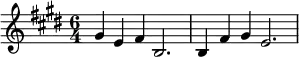 \relative c'' {\time 6/4 \key e \major gis4 e fis b,2. | b4 fis' gis e2. |}