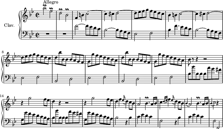 \version "2.18.2"
\header {
tagline = ##f
}
%% les petites notes
trillBesUp = { \tag #'print { bes'2\prall } \tag #'midi { c32 bes c bes~ bes8~ bes4 } }
trillBes = { \tag #'print { bes2\prall } \tag #'midi { c32 bes c bes~ bes8~ bes4 } }
trillF = { \tag #'print { f2\prall } \tag #'midi { g32 f g f~ f8~ f4 } }
trillD = { \tag #'print { d2\prall } \tag #'midi { ees32 d ees d~ d8~ d4 } }
trillBesqp = { \tag #'print { bes4.\prall } \tag #'midi { c32 bes c bes~ bes8~ bes8 } }
appoC = { \tag #'print { \appoggiatura bes4 c2 } \tag #'midi { bes4 c4 } }
fMuet = { \tag #'print { f4 } \tag #'midi { s4 } }
upper = \relative c'' {
\clef treble
\key bes \major
\time 2/2
\tempo 2 = 90
\set Staff.midiInstrument = #"harpsichord"
s8*0^\markup{Allegro}
\trillBesUp \trillF | \trillD \trillBes | \fMuet b4 c2~ | c4 cis d2~ | d8 ees f g f ees d c | bes4 b c2~ | c4 cis d2~ | d8 ees f g f ees d c |
% ms. 9
\repeat unfold 2 { d8 bes' bes, bes bes a g f | g g' f ees d c bes a } |
% ms. 13
bes8 r8 r4 r2 | r4 g'2 f8 ees | d4 r4 r2 | r4 g2 f8 ees |
% ms. 17
d4 f \appoggiatura ees16 d4 c8 bes | a2 \trillBesqp a16 bes | c4 \grace { d16( ees } f4) \appoggiatura ees16 d4 c8 bes | \appoggiatura bes4 a2 \trillBesqp a16 bes |
% ms. 21
\appoC r4 s4
}
lower = \relative c' {
\clef bass
\key bes \major
\time 2/2
\set Staff.midiInstrument = #"harpsichord"
% **************************************
R1*2 | f2~ f8 ees d c | bes2~ bes8 a g f | ees2 f | bes4 f'4. ees8 d c | bes2~ bes8 a g f | ees2 f |
\repeat unfold 2 { bes,2 d | ees f } |
% ms. 13
\repeat unfold 2 { bes8 bes' bes, bes bes a' g fis | g, g' f ees d c bes a } |
% ms. 17
bes2 \repeat unfold 2 { r4 bes4 | c4 ees d c | f,2 } f,2 |
}
thePianoStaff = \new PianoStaff <<
\set PianoStaff.instrumentName = #"Clav."
\new Staff = "upper" \upper
\new Staff = "lower" \lower
>>
\score {
\keepWithTag #'print \thePianoStaff
\layout {
#(layout-set-staff-size 17)
\context {
\Score
\override SpacingSpanner.common-shortest-duration = #(ly:make-moment 1/2)
\remove "Metronome_mark_engraver"
}
}
}
\score {
\keepWithTag #'midi \thePianoStaff
\midi { }
}