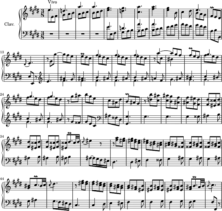 \version "2.18.2"
\header {
tagline = ##f
% composer = "Domenico Scarlatti"
% opus = "K. 264"
% meter = "Vivo"
}
%% les petites notes
trillFisq = { \tag #'print { fis8\prall } \tag #'midi { gis32 fis gis fis } }
trillEq = { \tag #'print { e8\prall } \tag #'midi { fis32 e fis e } }
trillBq = { \tag #'print { b8\prall } \tag #'midi { cis32 b cis b } }
trillDisqp = { \tag #'print { dis8.\prall } \tag #'midi { e32 dis e dis~ dis16 } }
trillDisqpUp = { \tag #'print { dis'8.\prall } \tag #'midi { e32 dis e dis~ dis16 } }
trillCisqpUp = { \tag #'print { cis'8.\prall } \tag #'midi { dis32 cis dis cis~ cis16 } }
trillCisqp = { \tag #'print { cis8.\prall } \tag #'midi { dis32 cis dis cis~ cis16 } }
trillBqp = { \tag #'print { b8.\prall } \tag #'midi { cis32 b cis b~ b16 } }
upper = \relative c'' {
\clef treble
\key e \major
\time 3/8
\tempo 4. = 90
s8*0^\markup{Vivo}
<< { e4. d! a' a } \\ { e8 e, fis | gis a b | a b cis | b cis dis } >> | < e gis >4. | < d gis > |
% ms. 7
< cis a' >4. | < fis a > | < e gis >4 b8 | cis4 dis8 |
<< { e4. } \\ { b8 a gis } >> | \trillFisq e8 dis | \appoggiatura dis8 e4. |
% ms. 14
r8 gis gis'~ | gis fis e | \trillEq dis8 cis | \repeat unfold 3 { << { fis4. } \\ { e8 dis cis } >> } |
% ms. 20
r8 << { a'4~ | a8 gis fis | \trillFisq e8 dis } \\ { a'8 cis, | bis4 } >> |
\repeat unfold 3 { << { gis'4. } \\ { fis8 e dis } >> } | r8 gis8 ais | b gis e |
% ms. 28
cis ais dis | \trillBq ais8 gis | r8 < d' b' >8 < cis ais' > | < cis ais' > < b gis' > < ais fis' > |
q < gis eis' >8 < fis dis' > | \repeat unfold 3 { q < eis cisis' >8 < fis dis' > }
% ms. 36
< eis cisis' >8 \trillDisqpUp cisis32 dis | \appoggiatura dis8 eis4 r8 |
r8 < fis a >8 < eis gis > | q < dis fis > < cis eis > | q < bis dis > < ais cis > |
% ms. 41
q < gis bis > < fisis cis' > | \repeat unfold 2 { q < gis bis > < fisis cis' > } |
< gis bis >8 \trillCisqp bis32 cis | \appoggiatura cis8 dis4. | r8 < eis gis >8 < dis fis > | q < cis eis > < b dis > |
% ms. 48
q < ais cis >8 < gis b > | q < fis ais >8 < eis b' > |
\repeat unfold 2 { q < fis ais >8 < eis b' > } | < fis ais >8 \trillBqp ais32 b | \appoggiatura b8 cis4. |
}
lower = \relative c' {
\clef bass
\key e \major
\time 3/8
% ************************************** \appoggiatura a16 \repeat unfold 2 { } \times 2/3 { } \omit TupletNumber
R4.*4 << { e4. d! a' a }
\\ { e8 e, fis | gis a b | a b cis | b cis dis } >>
% ms. 9
e8 fis gis | a gis fis | gis fis e | a, b b, | e e, r8 \clef treble |
% ms. 14
e''4. << { ais4 gis8 | ais4. | \repeat unfold 3 { b4 ais8 } } \\ { \repeat unfold 5 { fis4. } } >> | a!4 fis8 |
% ms. 21
<< { s4 ais8 | bis4. | \repeat unfold 3 { cis4 bis8 } }
\\ { \repeat unfold 5 { gis4. } } >> r8 gis8 fisis | gis e cis \clef bass |
% ms. 28
ais8 fisis dis | < gis, gis' >4. gis' gis | gis4 gisis8 |
% ms. 33
\repeat unfold 3 { ais4 b8 } | ais8 b4 | ais8~ ais16 gis fis eis | dis4. | dis4 eis8 | fis4 fisis8 |
% ms. 41
\repeat unfold 3 { gis4 ais8 } | gis8 ais4 | gis8. fis16 eis dis | cis4. | cis4 dis8 |
% ms. 48
e4 eis8 | \repeat unfold 3 { fis4 gis8 } | fis8 gis4 | fis8 fis, r8
}
thePianoStaff = \new PianoStaff <<
\set PianoStaff.instrumentName = #"Clav."
\new Staff = "upper" \upper
\new Staff = "lower" \lower
>>
\score {
\keepWithTag #'print \thePianoStaff
\layout {
#(layout-set-staff-size 17)
\context {
\Score
\mergeDifferentlyDottedOn
\override TupletBracket.bracket-visibility = ##f
\override SpacingSpanner.common-shortest-duration = #(ly:make-moment 1/2)
\remove "Metronome_mark_engraver"
}
}
}
\score {
\keepWithTag #'midi \thePianoStaff
\midi { \set Staff.midiInstrument = #"harpsichord" }
}