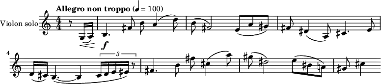 
\header {
  tagline = ##f
}

\score {
  \relative c' {
    \set Staff.instrumentName = "Violon solo"
    \set Staff.midiInstrument = "Violin"

    \numericTimeSignature
    \partial 4

    \tempo "Allegro non troppo" 4 = 100

    r8 g16\<( a)
    b4.\f fis'8 b a4( d8) b( fis2) e8( a gis)
    fis dis4( a8) cis4. e8 d16( cis) b4.~( b4 \times 2/3 { cis16 d e eis) r8 }
    fis4. b8 fis' cis4( a'8) gis( dis2) e8( bis a!)
    gis cis4
  }
  \layout{}
  \midi{}
}
