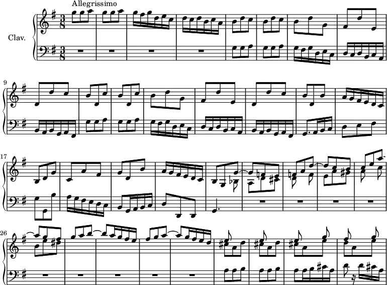 
\version "2.18.2"
\header {
  tagline = ##f
  % composer = "Domenico Scarlatti"
  % opus = "K. 79"
  % meter = "Allegrissimo"
}

%% les petites notes
%trillBesp     = { \tag #'print { bes4.\prall } \tag #'midi { c32 bes c bes~ bes4 } }

upper = \relative c'' {
  \clef treble 
  \key g \major
  \time 3/8
  \tempo 4. = 92
  \set Staff.midiInstrument = #"harpsichord"
  \override TupletBracket.bracket-visibility = ##f

      s8*0^\markup{Allegrissimo}
      \repeat unfold 2 { g'8 g a } | g16 fis g d e c | d c d b c a  | \repeat unfold 2 { b8 d c } | 
      % ms. 7
      b8 d g, | fis d' e, | d d' c | \repeat unfold 2 { b d, c' } | b8 d g, | fis d' e, |
      % ms. 14
      d d' c | b d, b' | a16 g fis e d c | b8 d g | c, a' fis | g d b' |
      % ms. 20
      a16 g fis e d c | 
      << { b8 g g'~ | g f e | f a d~ | d c b | c e a~ | a g fis | 
          % ms. 27 dessus
      g8 a b~ | b a16 g fis e | fis8 g a~ | a g16 fis e d } \\ 
      { s4 bes,8 | a d cis | d s8 f8 | e a gis | a8 s8 c8 | b e dis |
          % ms. 27 grave
       } >>
      % ms. 31
      << { e8 s4 | e8 s4 | e8 s8 g8 } \\ { \repeat unfold 2 { cis,8 a d } | cis8 a e' } >>
      % ms. 34
      << { fis8 s8 g8 } \\ { d8 a e' } >>

}

lower = \relative c' {
  \clef bass
  \key g \major
  \time 3/8
  \set Staff.midiInstrument = #"harpsichord"
  \override TupletBracket.bracket-visibility = ##f

    % ************************************** \appoggiatura a16  \repeat unfold 2 {  } \times 2/3 { }   \omit TupletNumber 
      R4.*4 | \repeat unfold 2 { \repeat unfold 2 { g8 g a } |
      % ms. 7
      g16 fis g d e c | d c d b c a | b a b g a fis } |
      % ms. 15
      g8. a16 b c | d8 e fis | g g, b' | a16 g fis e d c | b8 g16 a b c |
      % ms. 20
      d8 d, d | g4. | R4.*9
      % ms. 31
      \repeat unfold 2 { a'8 a b } | a a16 b cis a |
      % ms. 34
      d8 r16 d16 cis a | 

}

thePianoStaff = \new PianoStaff <<
    \set PianoStaff.instrumentName = #"Clav."
    \new Staff = "upper" \upper
    \new Staff = "lower" \lower
  >>

\score {
  \keepWithTag #'print \thePianoStaff
  \layout {
      #(layout-set-staff-size 17)
    \context {
      \Score
     \override SpacingSpanner.common-shortest-duration = #(ly:make-moment 1/2)
      \remove "Metronome_mark_engraver"
    }
  }
}

\score {
  \keepWithTag #'midi \thePianoStaff
  \midi { }
}
