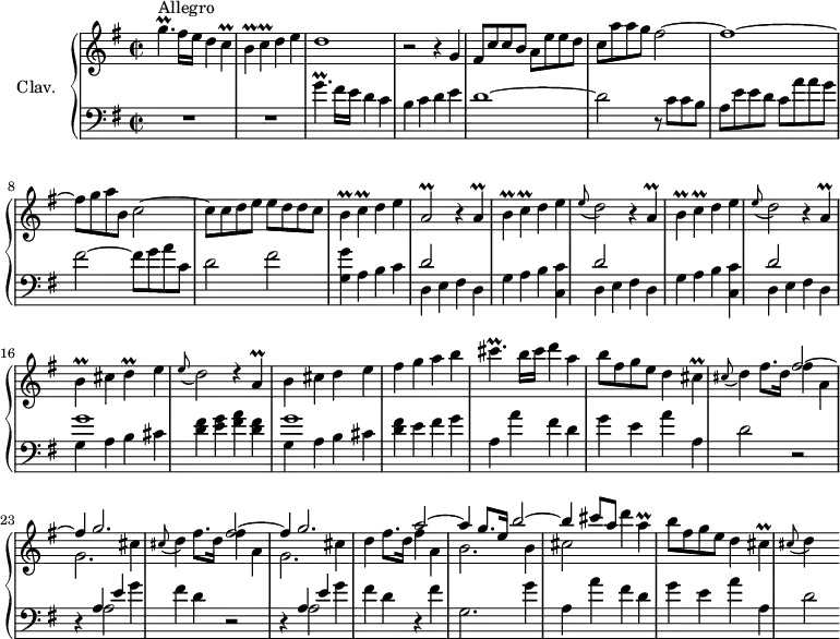 \version "2.18.2"
\header {
tagline = ##f
% composer = "Domenico Scarlatti"
% opus = "K. 493"
% meter = "Allegro"
}
%% les petites notes
trillGpUp = { \tag #'print { g'4.\prall } \tag #'midi { \times 2/3 { a16 g a } g4 } }
trillCp = { \tag #'print { c4\prall } \tag #'midi { \times 2/3 { d16 c d } c8 } }
trillBp = { \tag #'print { b4\prall } \tag #'midi { \times 2/3 { c16 b c } b8 } }
trillAbDown = { \tag #'print { a,2\prall } \tag #'midi { \times 2/3 { b16 a b } a4. } }
trillA = { \tag #'print { a4\prall } \tag #'midi { \times 2/3 { b16 a b } a8 } }
trillDp = { \tag #'print { d4\prall } \tag #'midi { \times 2/3 { e16 d e } d8 } }
trillCisp = { \tag #'print { cis4.\prall } \tag #'midi { \times 2/3 { d16 cis d } cis4 } }
trillCis = { \tag #'print { cis4\prall } \tag #'midi { \times 2/3 { d16 cis d } cis8 } }
upper = \relative c'' {
\clef treble
\key g \major
\time 2/2
\tempo 2 = 72
s8*0^\markup{Allegro}
\trillGpUp fis16 e d4 \trillCp | \trillBp \trillCp d4 e | d1 | r2 r4 g,4 | fis8 c' c b a e' e d |
% ms. 6
c8 a' a g fis2~ | fis1~ | fis8 g a b, c2~ | c8 c d e e d d c | \trillBp \trillCp d4 e |
% ms. 11
\trillAbDown \repeat unfold 2 { r4 \trillA | \trillBp \trillCp d4 e | \appoggiatura e8 d2 } r4 \trillA | \trillBp cis4 \trillDp e4 |
% ms. 17
\appoggiatura e8 d2 d4\rest \trillA | b4 cis d e | fis g a b | \trillCisp b16 cis d4 a | b8 fis g e d4 \trillCis | \repeat unfold 2 { \appoggiatura cis8 d4 fis8. d16
% ms. 22 fin…
<< { fis2~ | fis4 g2. }
\\ { fis4 a, | g2. cis4 } >> } | d4 fis8. d16
<< { a'2~ | a4 g8. e16 b'2~ | b4 cis8 a }
\\ { fis4 a, | b2. b4 | cis2 } >>
% ms. 28 suite…
d'4 \trillA | b8 fis g e d4 \trillCis | \appoggiatura cis8 d4 s4
% ms. 33
% ms. 38
% ms. 43
}
lower = \relative c' {
\clef bass
\key g \major
\time 2/2
% ************************************** \appoggiatura a16 \repeat unfold 2 { } \times 2/3 { } \omit TupletNumber
R1*2 | \trillGpUp fis16 e d4 c | b c d e | d1~ |
% ms. 6
d2 r8 c c b | a e' e d c a' a g | fis2~ fis8 g a c, | d2 fis | < g, g' >4 a b c |
% ms. 11
<< { d2 } \\ { d,4 e fis d } >> | \repeat unfold 2 { g4 a b < c, c' > << { d'2 } \\ { d,4 e fis d } >> } | << { g'1 } \\ { g,4 a b cis } >> |
% ms. 17
< d fis >4 < e g > < fis a > < d fis > | << { g1 } \\ { g,4 a b cis } >> | < d fis >4 e fis g | a, a' fis d | g e a a, | d2 r2 |
% ms. 23
r4 << { a4 e' } \\ { a,2 } >> g'4 | fis d r2 | r4 << { a4 e' } \\ { a,2 } >> g'4 | fis d r4 fis4 | g,2. g'4 |
% ms. 28
a,4 a' fis d | g e a a, | d2 % r2 | r4
% ms. 33
% ms. 38
% ms. 43
}
thePianoStaff = \new PianoStaff <<
\set PianoStaff.instrumentName = #"Clav."
\new Staff = "upper" \upper
\new Staff = "lower" \lower
>>
\score {
\keepWithTag #'print \thePianoStaff
\layout {
#(layout-set-staff-size 17)
\context {
\Score
\override TupletBracket.bracket-visibility = ##f
\override SpacingSpanner.common-shortest-duration = #(ly:make-moment 1/2)
\remove "Metronome_mark_engraver"
}
}
}
\score {
\keepWithTag #'midi \thePianoStaff
\midi { \set Staff.midiInstrument = #"harpsichord" }
}