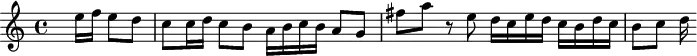 
\version "2.18.2"
\header {
  tagline = ##f
}

Trans = { e16 f e8 d c c16 d c8 b a16 b c b a8 g fis'8 a r8 e8 d16 c e d c b d c b8 c d16 }

\score {
  \new Staff \with {

  }

<<
  \relative c'' {
    \clef treble 
    \key a \minor
    \time 4/4
  
     %% SUJET fugue CBT I-20, BWV 865, la mineur
     \partial 2
     s8 \Trans

  }
>>
  \layout {
     \context { \Score \remove "Metronome_mark_engraver" 
     %\override SpacingSpanner.common-shortest-duration = #(ly:make-moment 1/2) 
    }
  }
  \midi {} 
}
