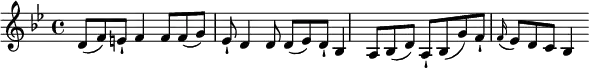 \relative c' {
\key g \minor
d8 ( f8) e-! f4 f8
f8 ( g8) ees-!d4 d8
d8 ( ees8) d-! bes4 a8
bes8 ( d8) a-! bes8 ( g'8) f-!
\appoggiatura f16 ees8 d c bes4
}