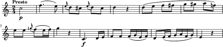\relative c'' {
\version "2.18.2"
\key c \major
\time 2/4
\tempo "Presto"
c2\p f4. (e8)
\grace e16 (d8) cis \grace e16 (d8) cis
d4 r4
d8 (e f fis g gis a f!)
e e \grace g!16 (f8) (e16 f)
g4 r4
c,,4.\f d16 e
f8 f f16 (g e f)
d8 e16 (f g a f g)
e4 r4
}