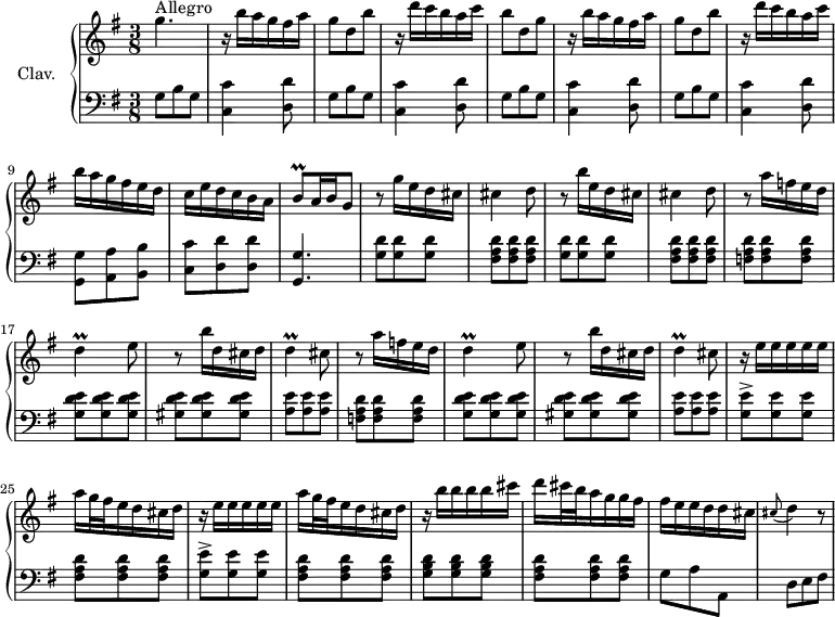 \version "2.18.2"
\header {
tagline = ##f
% composer = "Domenico Scarlatti"
% opus = "K. 152"
% meter = "Allegro"
}
%% les petites notes
trillD = { \tag #'print { d4\prall } \tag #'midi { e32 d e d~ d8 } }
trillBq = { \tag #'print { b8\prall } \tag #'midi { b32 c b c } }
upper = \relative c'' {
\clef treble
\key g \major
\time 3/8
\tempo 4. = 72
\set Staff.midiInstrument = #"harpsichord"
\override TupletBracket.bracket-visibility = ##f
s8*0^\markup{Allegro}
g'4. | r16 b16 a g fis a | g8 d b' | r16 d16 c b a c | b8 d, g |
% ms. 6
r16 b16 a g fis a | g8 d b' | r16 d16 c b a c | b a g fis e d | c e d c b a |
% ms. 11
\trillBq a16 b \tempo 4. = 30 g8 \tempo 4. = 72 | r8 g'16 e d cis | cis4 d8 | r8 b'16 e, d cis | cis4 d8 |
% ms. 16
\repeat unfold 2 { r8 a'16 f e d | \trillD e8 | r8 b'16 d, cis d | \trillD cis8 }
% ms. 24
\repeat unfold 2 { r16 e16 e e e e | a g32 fis e16 d cis d } |
% ms. 28
r16 b'16 b b b cis | d cis32 b a16 g g fis | fis e e d d cis |
% ms. 31
\appoggiatura cis8 d4 r8
}
lower = \relative c' {
\clef bass
\key g \major
\time 3/8
\set Staff.midiInstrument = #"harpsichord"
\override TupletBracket.bracket-visibility = ##f
% ************************************** \appoggiatura a16 \repeat unfold 2 { } \times 2/3 { } \omit TupletNumber
\repeat unfold 4 { g8 b g | < c, c' >4 < d d' >8 }
% ms. 9
< g, g' >8 < a a' > < b b' > | < c c' > < d d'> q |
% ms. 11
< g, g' >4. | \repeat unfold 2 { < g' d' >8 q q | < fis a d > q q } |
% ms. 16
< f a d >8 q q | < g d' e > q q | < gis d' e > q q | < a e' > q q | < f a d > q q |
% ms. 21
< g d' e > q q | < gis d' e > q q | < a e' > q q |
% ms. 24
\repeat unfold 2 { < g e' >-> q q | < fis a d > q q } |
% ms. 28
< g b d > q q | < fis a d > q q | g8 a a, |
% ms. 31
d8 e fis |
}
thePianoStaff = \new PianoStaff <<
\set PianoStaff.instrumentName = #"Clav."
\new Staff = "upper" \upper
\new Staff = "lower" \lower
>>
\score {
\keepWithTag #'print \thePianoStaff
\layout {
#(layout-set-staff-size 17)
\context {
\Score
\override SpacingSpanner.common-shortest-duration = #(ly:make-moment 1/2)
\remove "Metronome_mark_engraver"
}
}
}
\score {
\keepWithTag #'midi \thePianoStaff
\midi { }
}