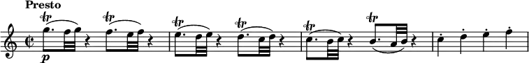 \relative c'' {
\version "2.18.2"
\key c \major
\tempo "Presto"
\time 2/2
\tempo 4 = 150
g'8.\p\trill (f32 g) r4 f8.\trill (e32 f) r4
e8.\trill (d32 e) r4 d8.\trill (c32 d) r4
c8.\trill (b32 c) r4 b8.\trill (a32b) r4
c4-. d4-. e4-. f4-.
}