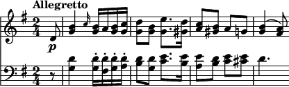 
\version "2.18.2"
<<
  \new Staff  \relative c' {
         \clef "treble" 
         \tempo "Allegretto"
         \key g \major
         \time 2/4         
      \partial 8 d8 \p        
       <g b>4  \grace c16 <g b>16 a <g b> <g c> <g d'>8  <g b> <g e'>8.  <gis d'>16 <a c>8  <gis b> a g! <g b>4 ^(<fis a>8)     
}

 \new Staff \relative c {      
         \clef "bass" 
         \key g \major
         \time 2/4 
         \tempo 4 = 90
        \partial 8 r8 <g' d'>4 <g d'-.>16 <fis d'-.> <g d'-.> <a d-.> <b d>8 <g d'>
        <c e>8. <b e>16 <a e'>8 <b d> <c e> <cis e> d4.    
 }
>>
